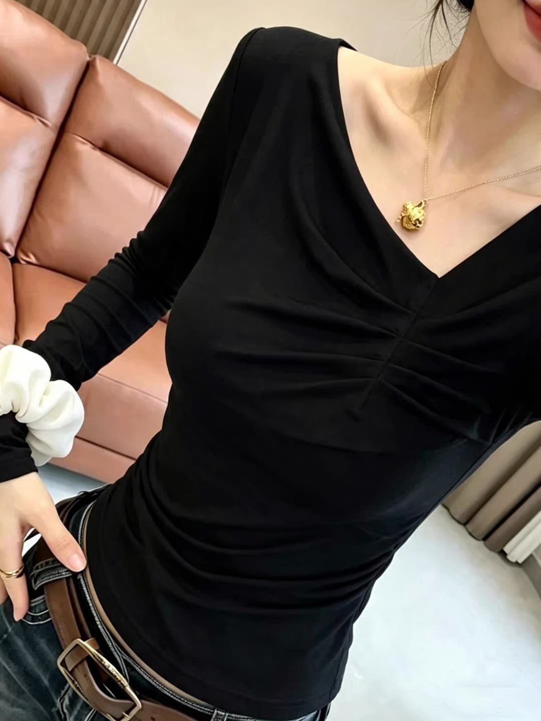디자인 센스 주름 비스듬한 칼라 긍정적 인 어깨 긴팔 티셔츠 여성 가을 새로운 아름다운 슬림해 보이는 인사이드 가져 가라. 만나는 검정색 맨위 상세 이미지 4