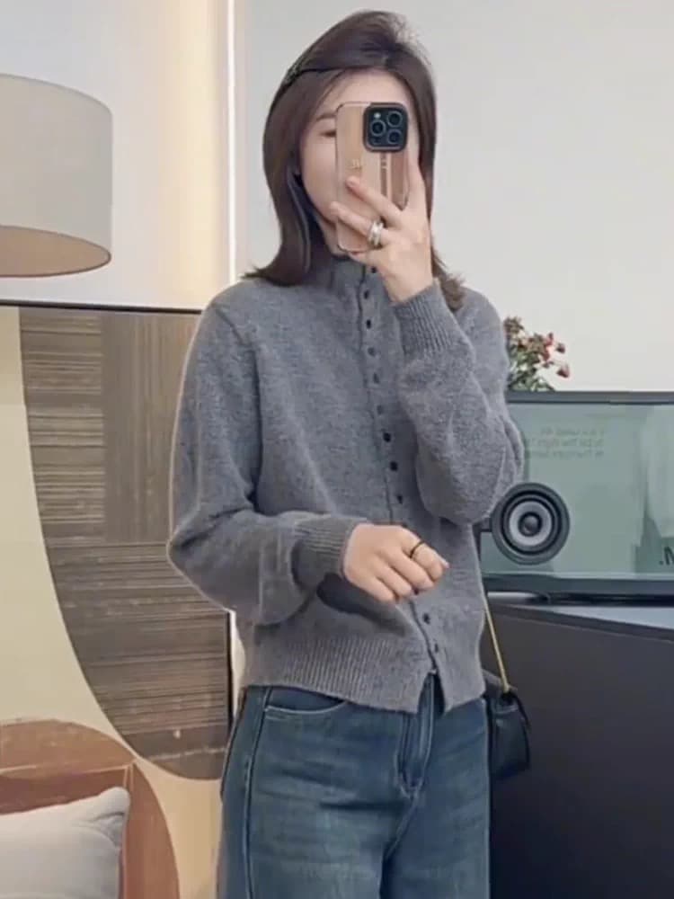 고급 센스 회색 반하이넥 스웨터 오픈 가디건 여성 가을 겨울 2025 새로운 폭발 인사이드 가져 가라. 만나는 니트 스웨터 맨위 상세 이미지 2