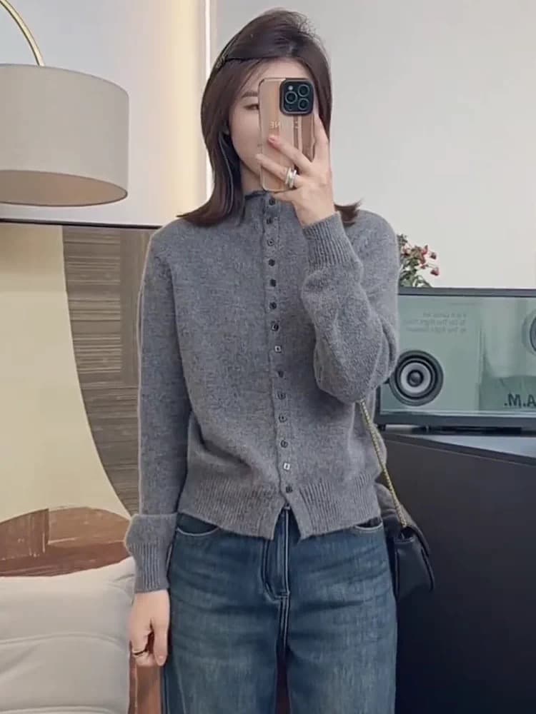 고급 센스 회색 반하이넥 스웨터 오픈 가디건 여성 가을 겨울 2025 새로운 폭발 인사이드 가져 가라. 만나는 니트 스웨터 맨위 상세 이미지 4