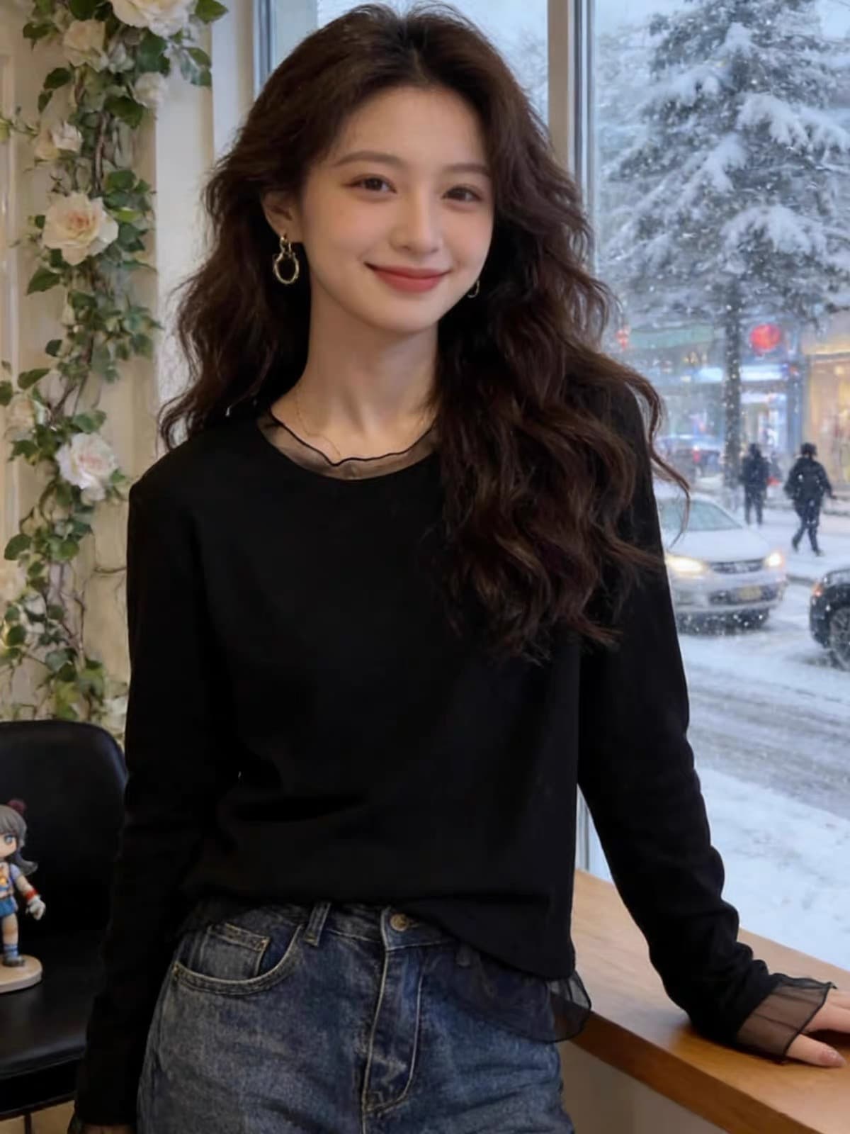 검정색 쉬폰 레이스 패치워크 긴팔 티셔츠 여성 2026 봄 가을 새로운 인사이드 가져 가라. 기본 셔츠 슬림해 보이는 캐주얼 맨위 이미지 2