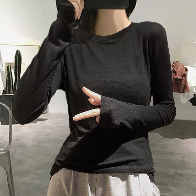 검정색 기본 셔츠 여성 봄 2026 새로운 단색 인사이드 가져 가라. 긴팔 가면 티셔츠 여성 라운드 넥 얇은 스타일 맨위 ins 상세 이미지 4