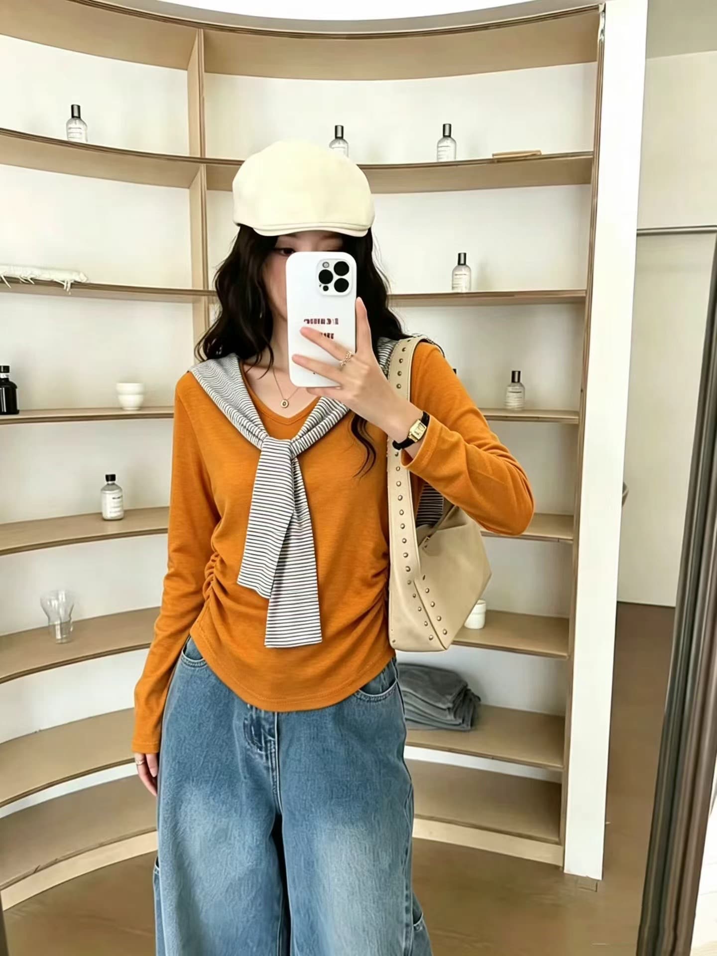 봄 가을 연령 감소 한 부서 스트라이프 패치워크 페이크 레이어드 긴팔 티셔츠 여성 숄 몸매 가꾸기 외국 가스 스택 착용 다용도 맨위 상세 이미지 1