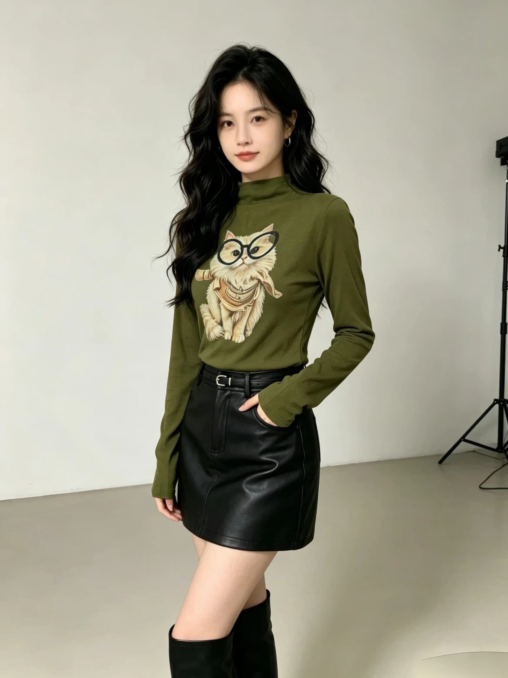 2026 이른 가을 새로운 한국 스타일 패션 다용도 슬림해 보이는 만화 프린트 반하이넥 긴팔 여성 몸매 가꾸기 맨위 이미지 3
