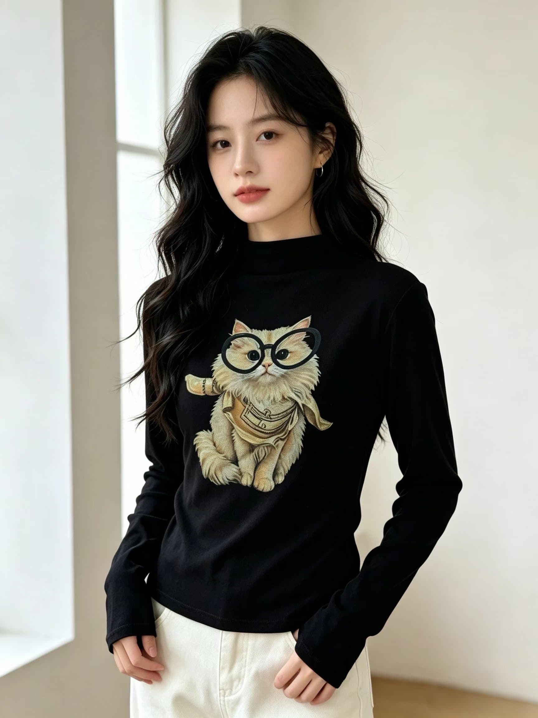 2026 이른 가을 새로운 한국 스타일 패션 다용도 슬림해 보이는 만화 프린트 반하이넥 긴팔 여성 몸매 가꾸기 맨위 이미지 2