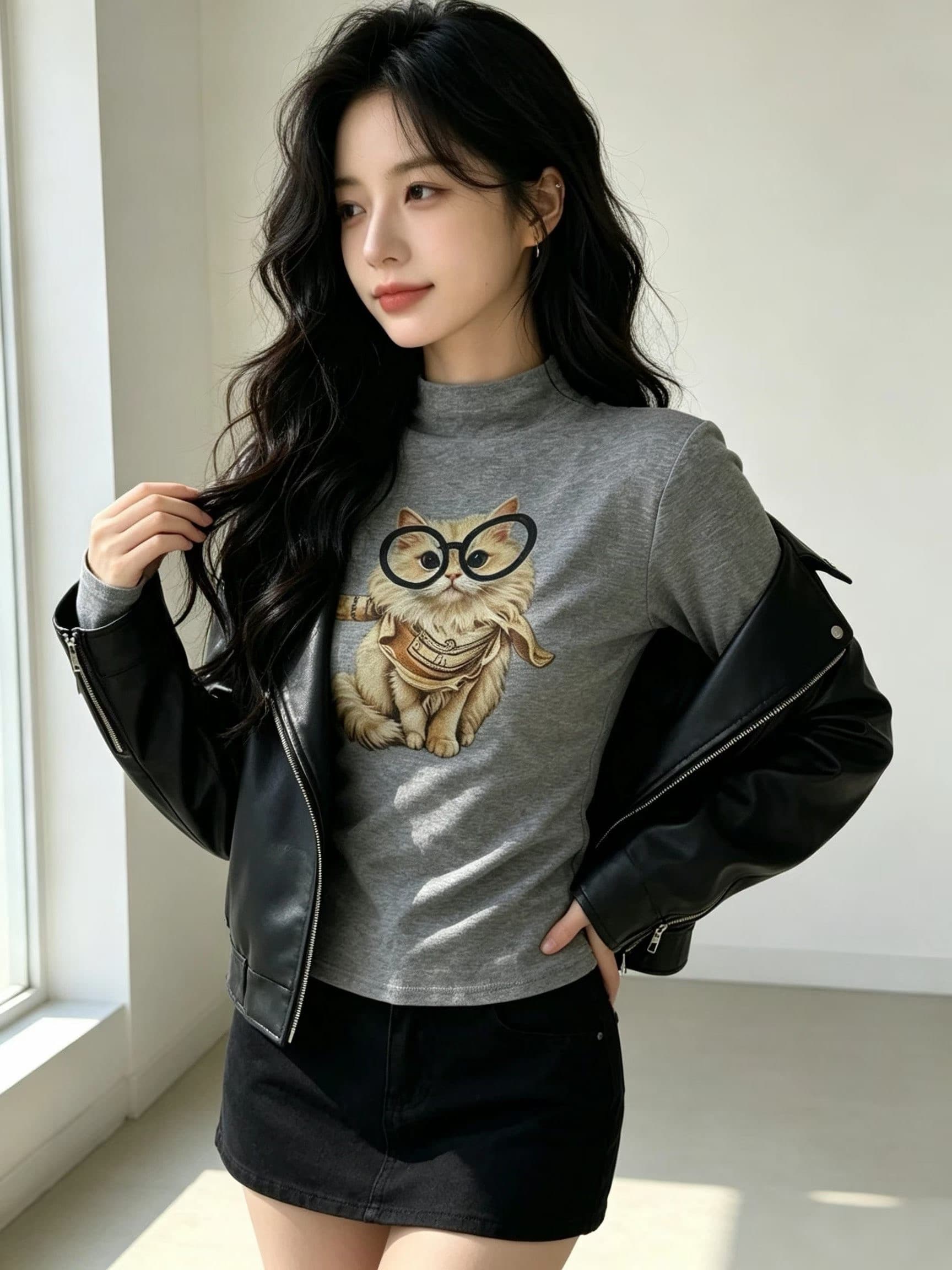 2026 이른 가을 새로운 한국 스타일 패션 다용도 슬림해 보이는 만화 프린트 반하이넥 긴팔 여성 몸매 가꾸기 맨위 상세 이미지 3