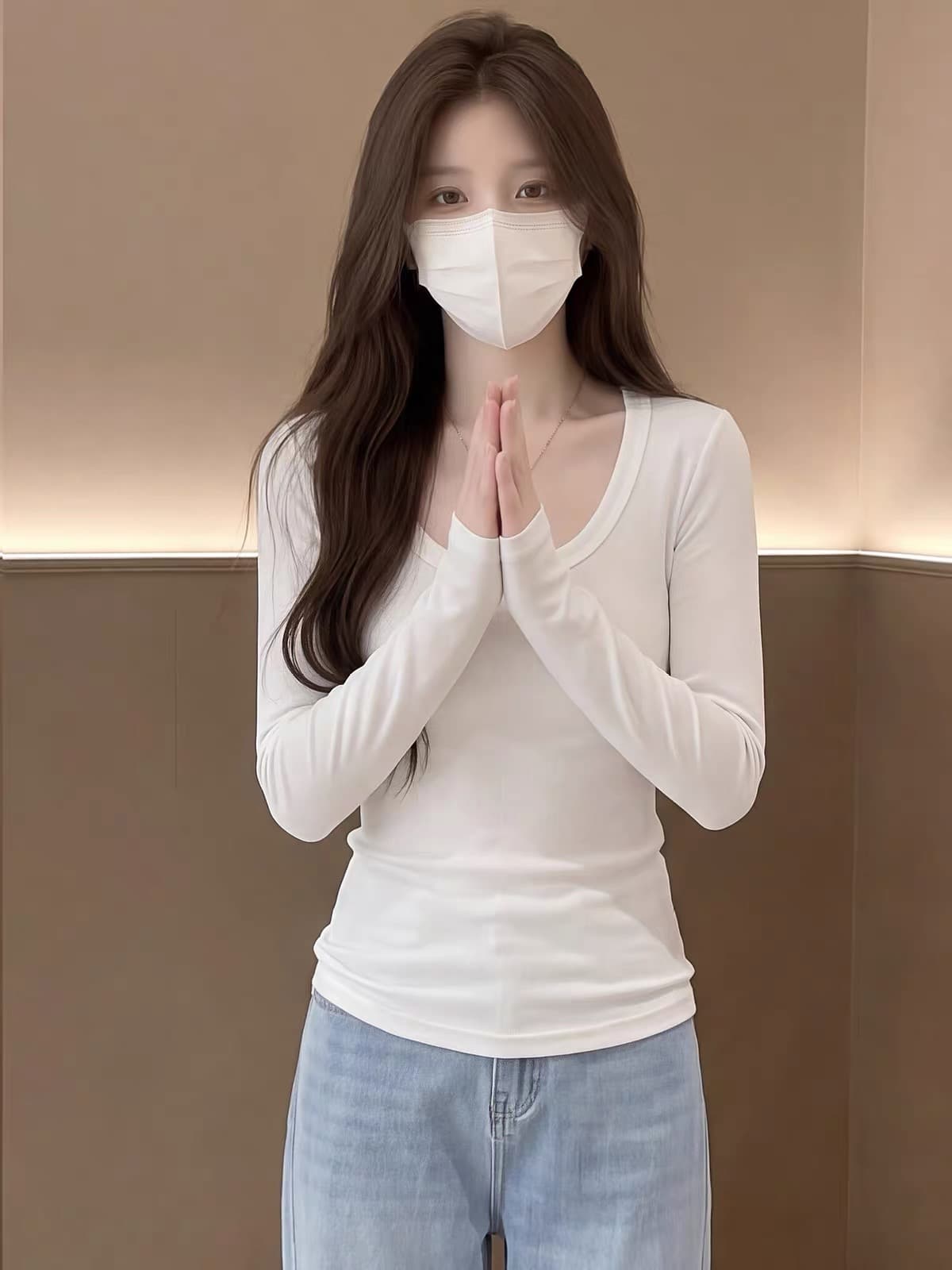 화이트 대 라운드 넥 긴팔 티셔츠 여성 가을 미니멀리즘 캐주얼 몸매 가꾸기 풀오버 볼륨 측면 디자인 센스 소녀 맨위 이미지 3