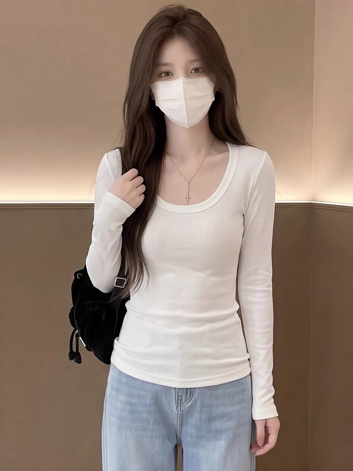 화이트 대 라운드 넥 긴팔 티셔츠 여성 가을 미니멀리즘 캐주얼 몸매 가꾸기 풀오버 볼륨 측면 디자인 센스 소녀 맨위 상세 이미지 2