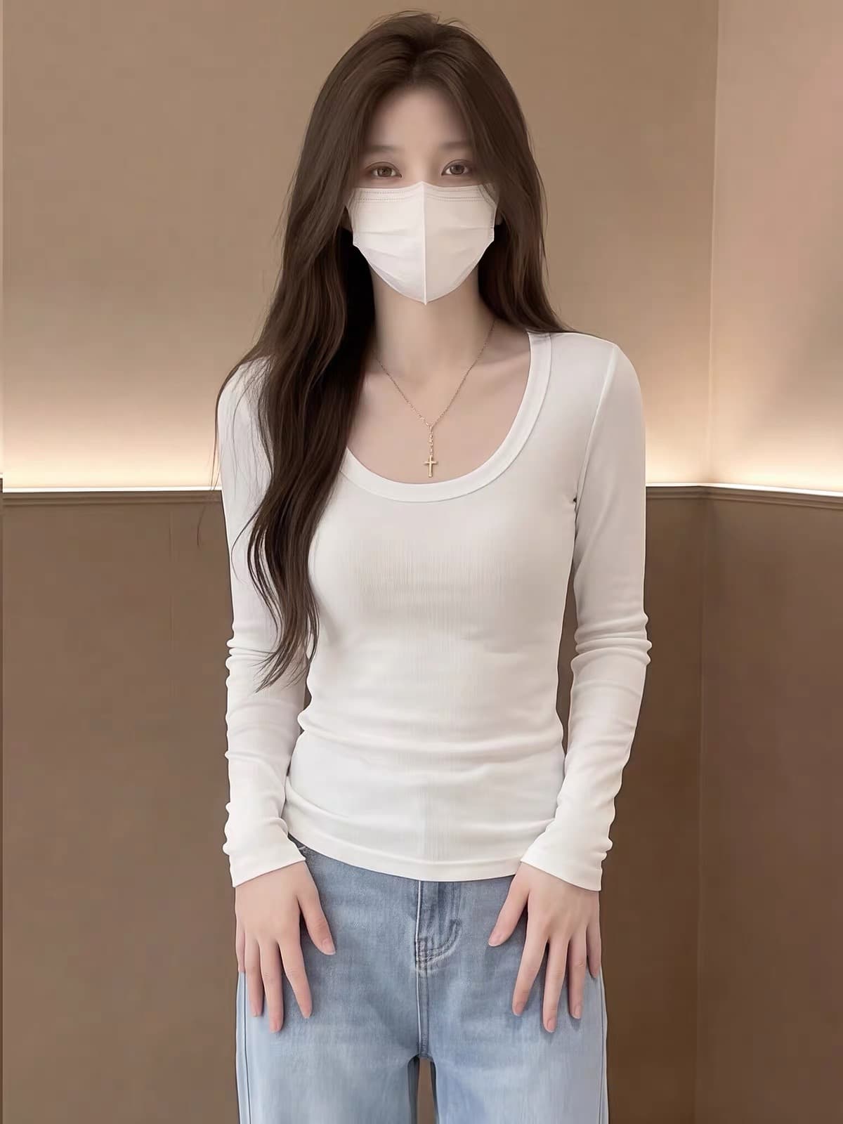 화이트 대 라운드 넥 긴팔 티셔츠 여성 가을 미니멀리즘 캐주얼 몸매 가꾸기 풀오버 볼륨 측면 디자인 센스 소녀 맨위 상세 이미지 3