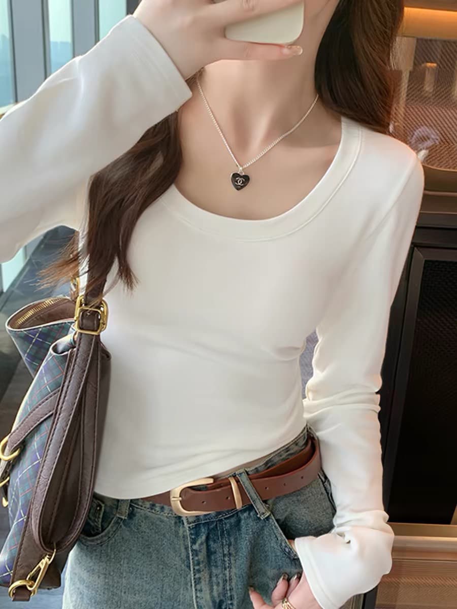 2026 새로운 긍정적 인 어깨 u 칼라 순면 티셔츠 여성 가을 몸매 가꾸기 슬림해 보이는 한 부서 다용도 짧은 맨위 인사이드 가져 가라. 기본 셔츠 상세 이미지 5