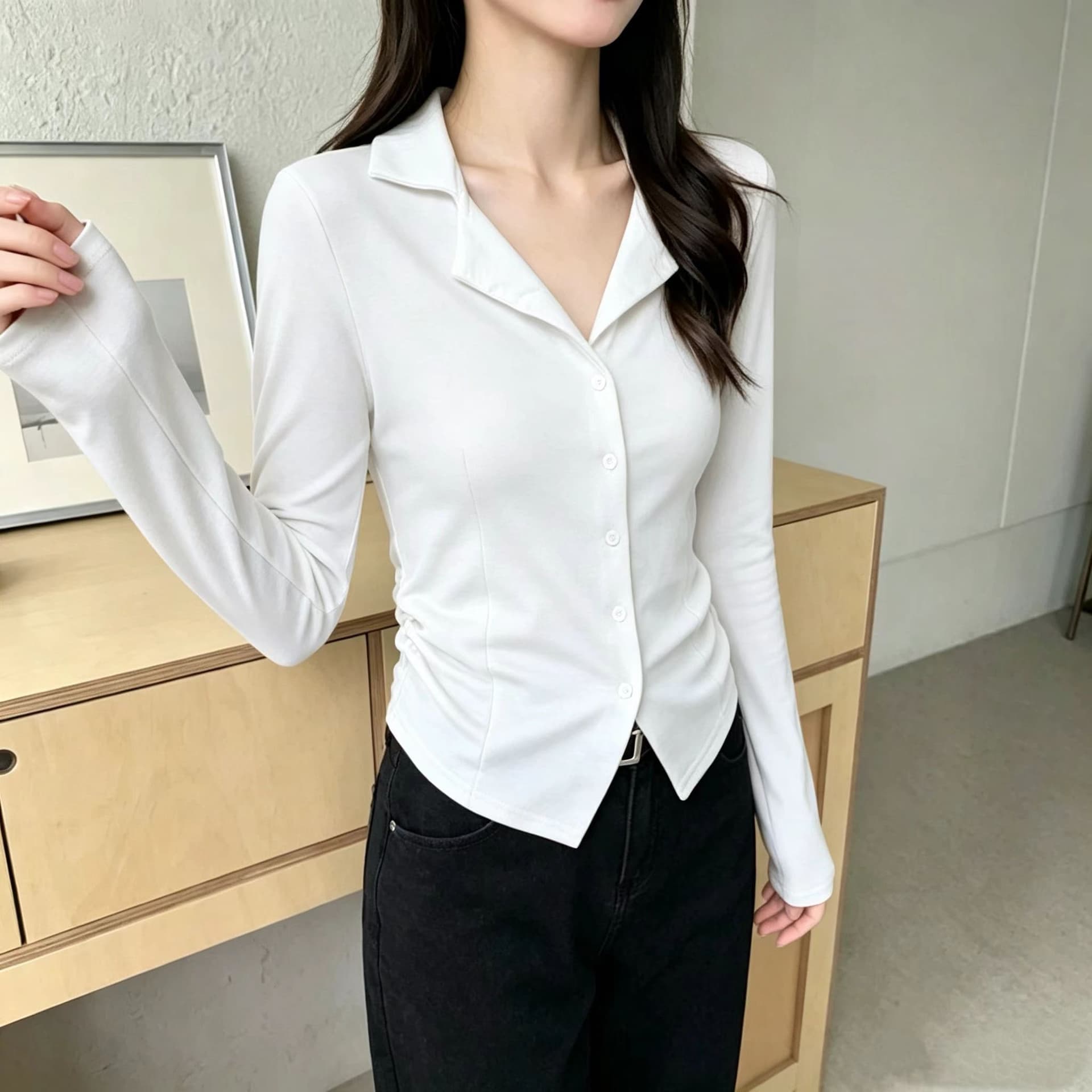 빛 요리 한 폴로 칼라 긴팔 티셔츠 여성 이른 가을 2026 새로운 허리 수축 슬림해 보이는 오픈 가디건 고유 한 아름다운 그레이트 봐. 의류 상세 이미지 2