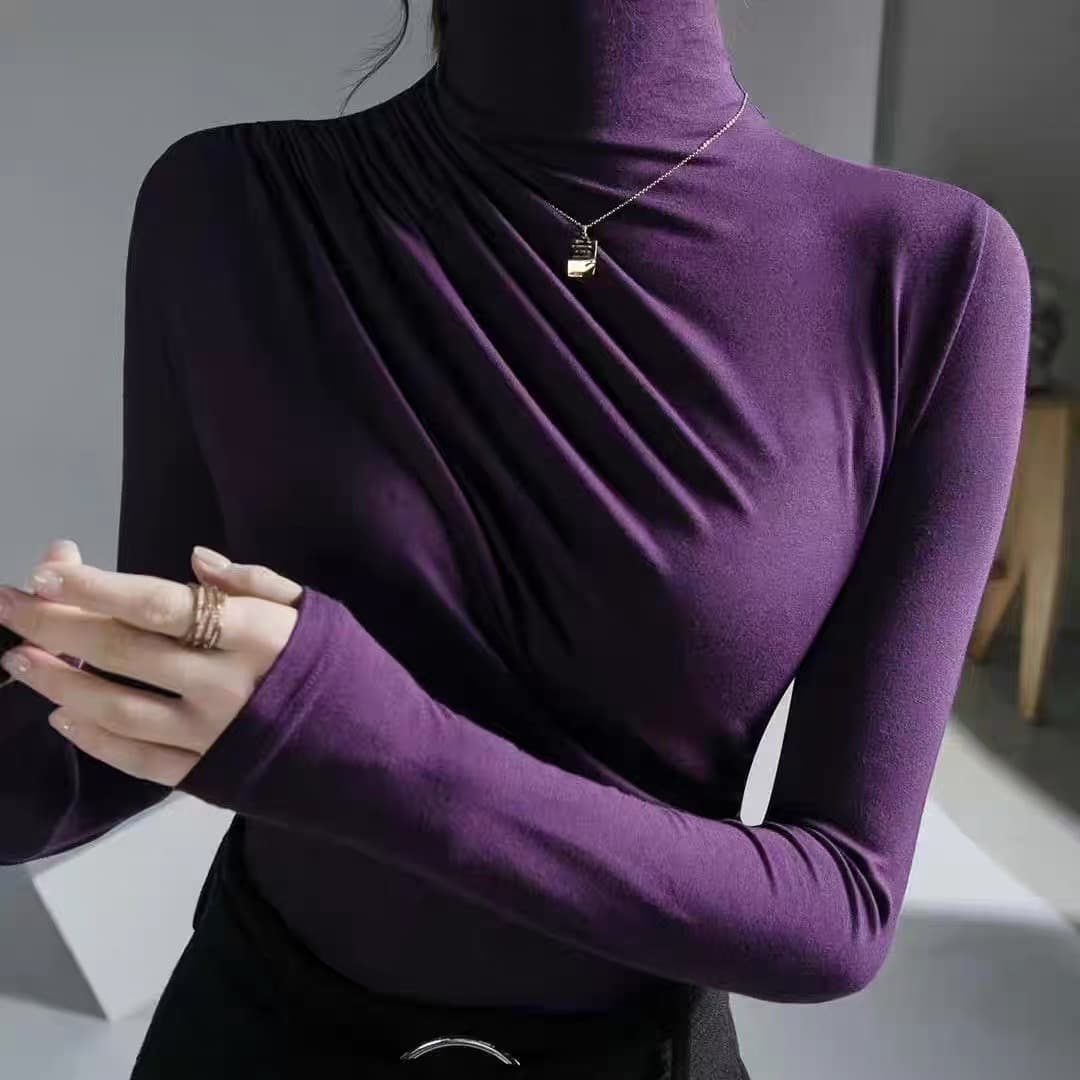 품격 작은 터틀넥 긴팔 티셔츠 여성 봄 가을 새로운 고급 센스 불규칙 몸매 가꾸기 허리 수축 기본 셔츠 맨위 이미지 5