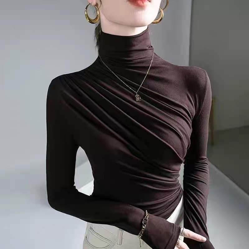 품격 작은 터틀넥 긴팔 티셔츠 여성 봄 가을 새로운 고급 센스 불규칙 몸매 가꾸기 허리 수축 기본 셔츠 맨위 상세 이미지 9