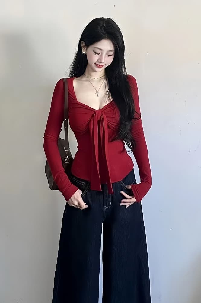 순수한 욕망 핫걸 바람 빨간색 매듭 긴팔 V넥 티셔츠 여성 가을 새로운 몸매 가꾸기 슬림해 보이는 섹시함 외출용 맨위 트렌디 상세 이미지 1