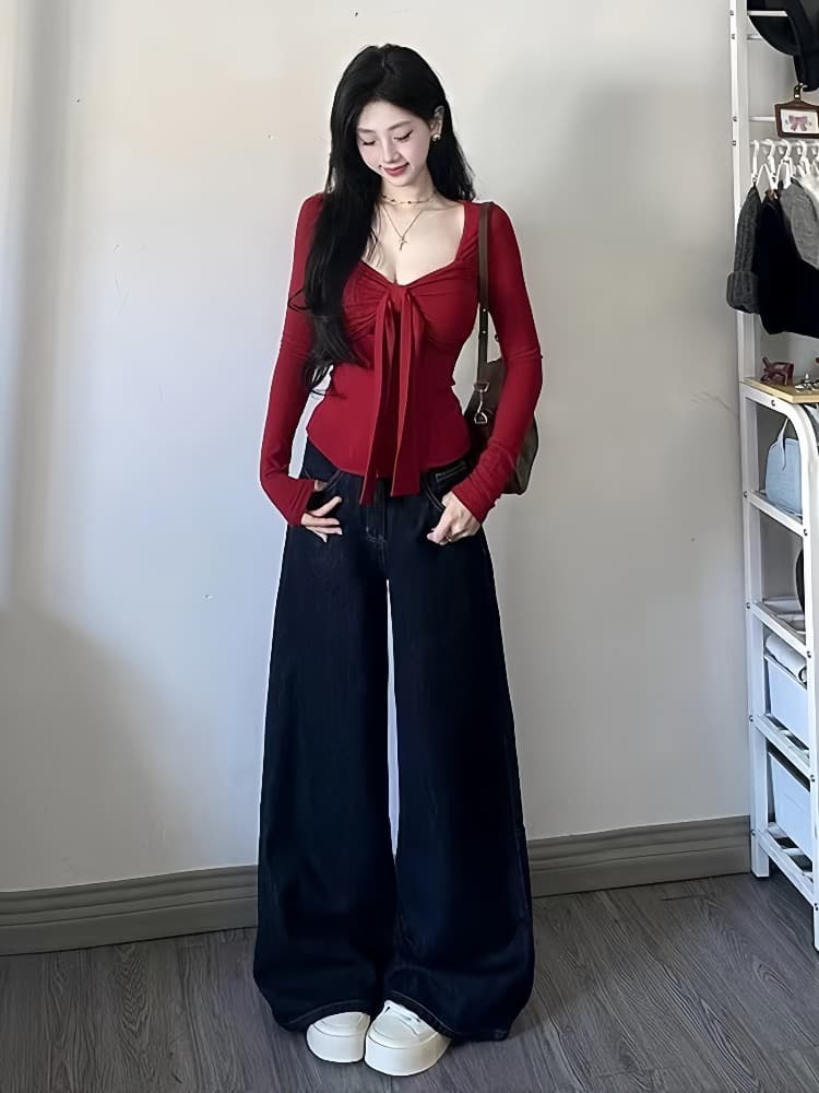 순수한 욕망 핫걸 바람 빨간색 매듭 긴팔 V넥 티셔츠 여성 가을 새로운 몸매 가꾸기 슬림해 보이는 섹시함 외출용 맨위 트렌디 상세 이미지 2