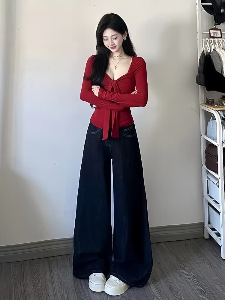 순수한 욕망 핫걸 바람 빨간색 매듭 긴팔 V넥 티셔츠 여성 가을 새로운 몸매 가꾸기 슬림해 보이는 섹시함 외출용 맨위 트렌디 상세 이미지 3