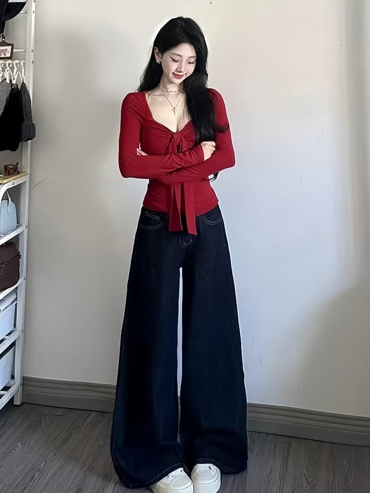 순수한 욕망 핫걸 바람 빨간색 매듭 긴팔 V넥 티셔츠 여성 가을 새로운 몸매 가꾸기 슬림해 보이는 섹시함 외출용 맨위 트렌디 상세 이미지 4