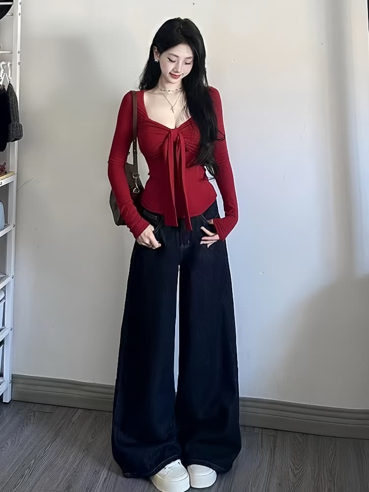 순수한 욕망 핫걸 바람 빨간색 매듭 긴팔 V넥 티셔츠 여성 가을 새로운 몸매 가꾸기 슬림해 보이는 섹시함 외출용 맨위 트렌디 상세 이미지 5