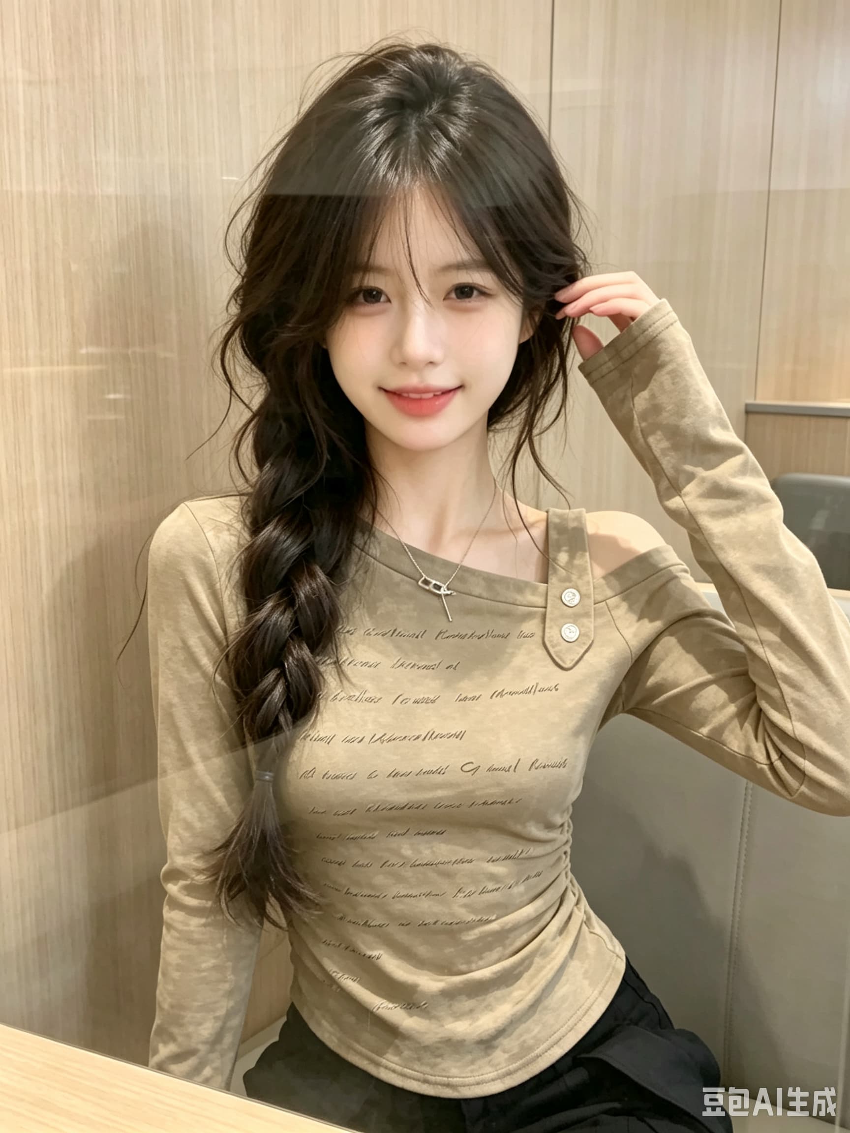아메리칸 비스듬한 칼라 펌프 Pleat 긴팔 티셔츠 세트 2026 가을 새로운 디자인 센스 작은 대중 몸매 가꾸기 슬림해 보이는 오프숄더 맨위