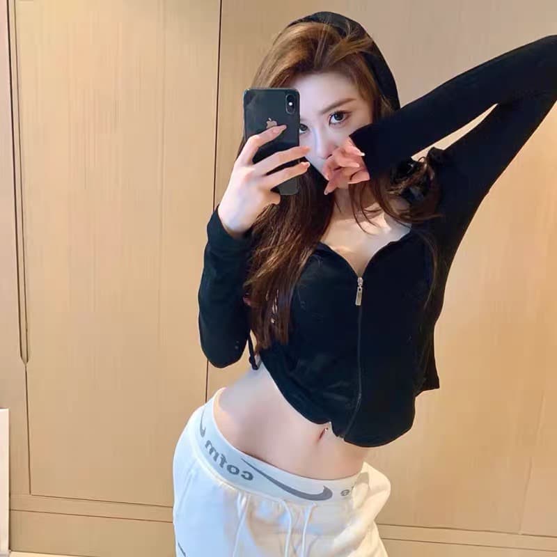몸매 가꾸기 맨위 운동 오픈 가디건 여성 긴 소매 피트니스 곡선 티셔츠 봄과 가을 캐주얼 얇은 스타일 후드 허리 수축 모자 셔츠 상세 이미지 5