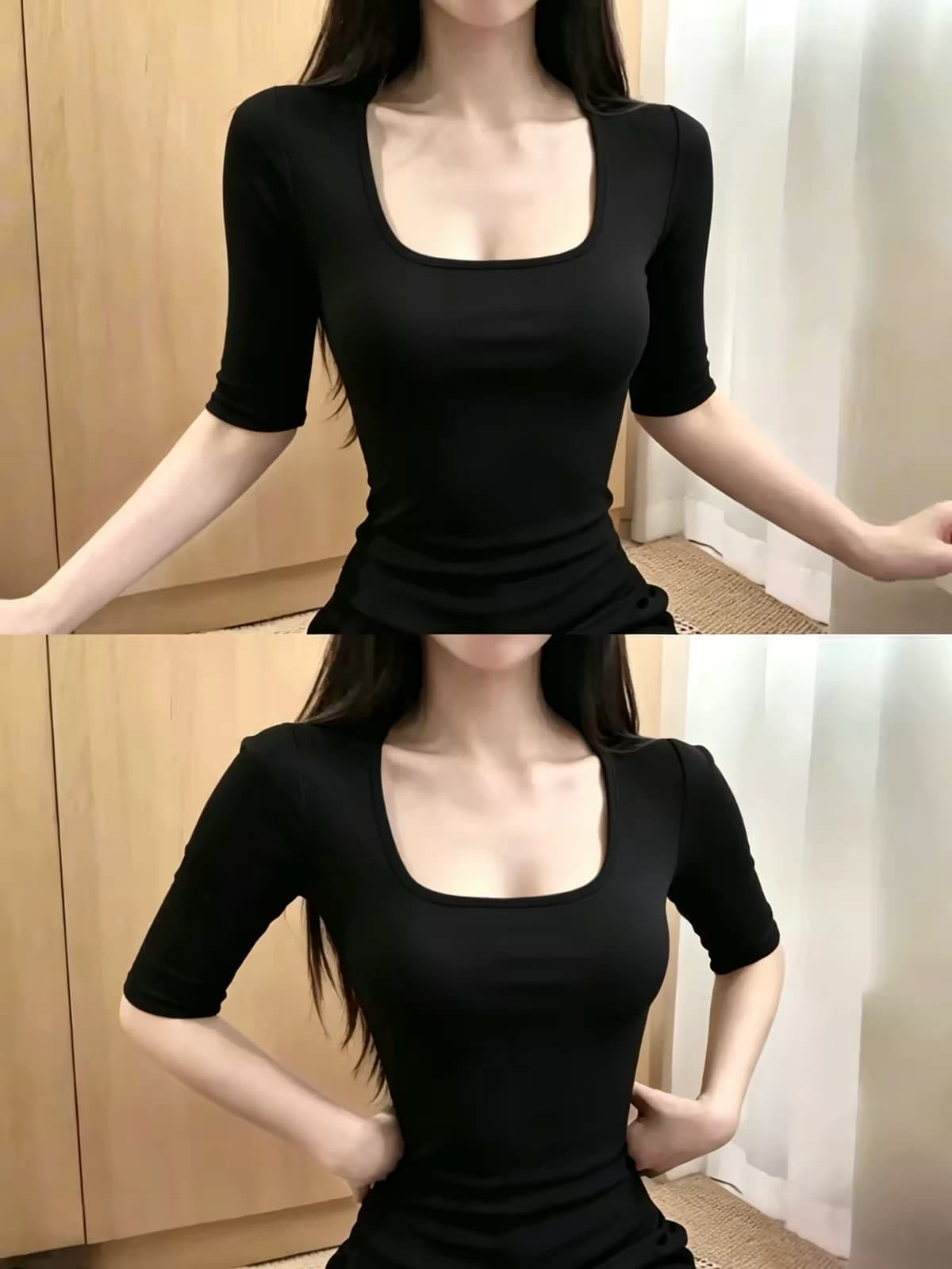 검정색 순수한 욕망 u 칼라 긍정적 인 어깨 중간 소매 티셔츠 여성 2026 여름 새로운 반소매 몸매 가꾸기 허리 수축 슬림해 보이는 핫걸 맨위