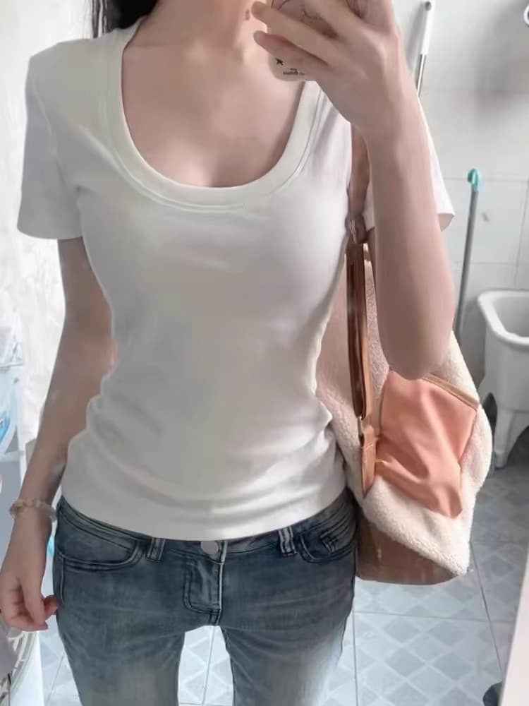 순수한 욕망 바람 화이트 u 칼라 긍정적 인 어깨 반팔 티셔츠 여성 여름 미니멀리즘 빅 사이즈 몸매 가꾸기 디스플레이 몸 다용도 핫걸 맨위