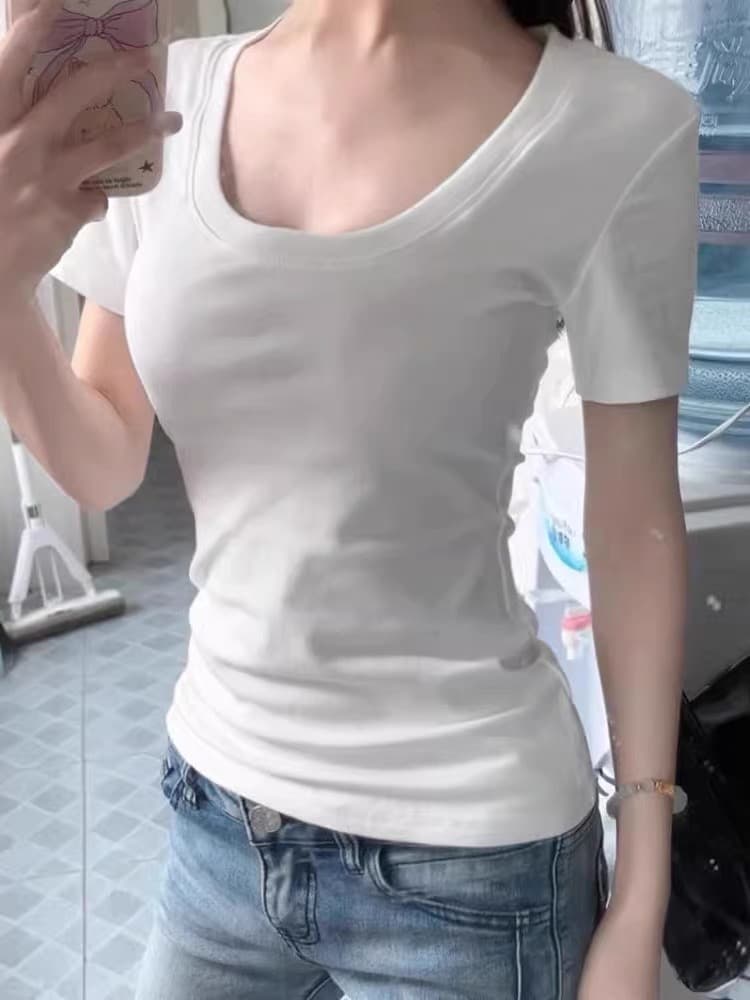순수한 욕망 바람 화이트 u 칼라 긍정적 인 어깨 반팔 티셔츠 여성 여름 미니멀리즘 빅 사이즈 몸매 가꾸기 디스플레이 몸 다용도 핫걸 맨위 이미지 4