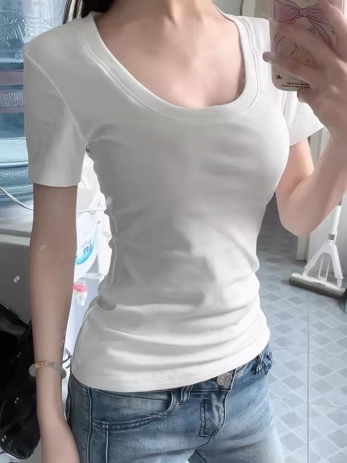 순수한 욕망 바람 화이트 u 칼라 긍정적 인 어깨 반팔 티셔츠 여성 여름 미니멀리즘 빅 사이즈 몸매 가꾸기 디스플레이 몸 다용도 핫걸 맨위 상세 이미지 4