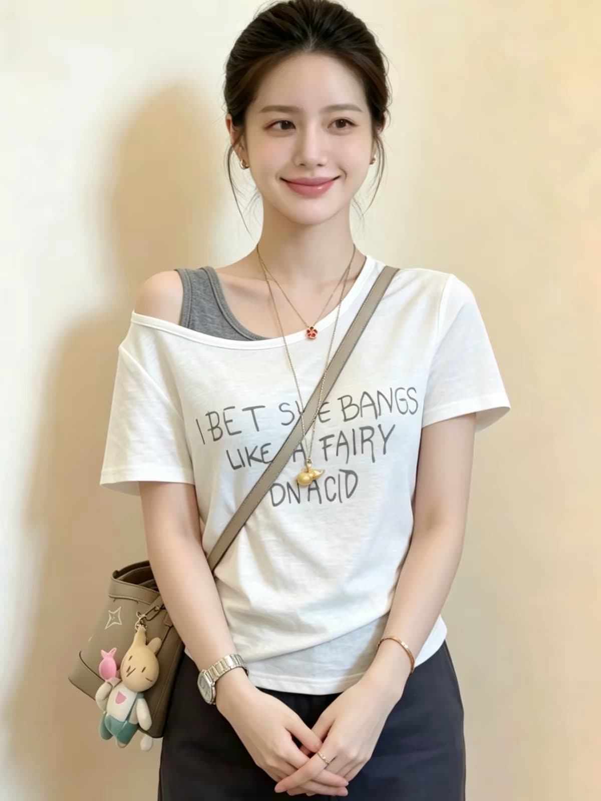 순수한 욕망 바람 화이트 u 칼라 긍정적 인 어깨 반팔 티셔츠 여성 여름 미니멀리즘 빅 사이즈 몸매 가꾸기 디스플레이 몸 다용도 핫걸 맨위 상세 이미지 1