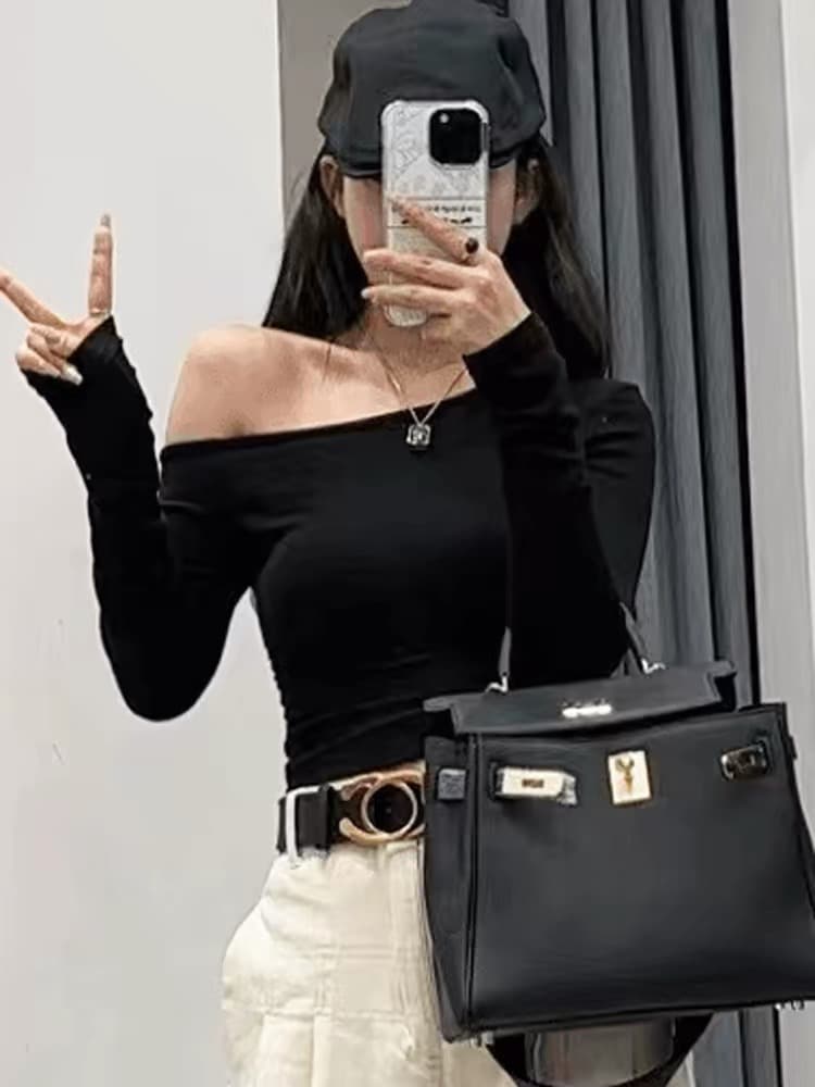 오프숄더 긴팔 티셔츠 여성 인사이드 가져 가라. 기본 셔츠 여성 2026 새로운 이른 가을 몸매 가꾸기 쇼트 스타일 비스듬한 어깨 의류 고급 센스 이미지 3