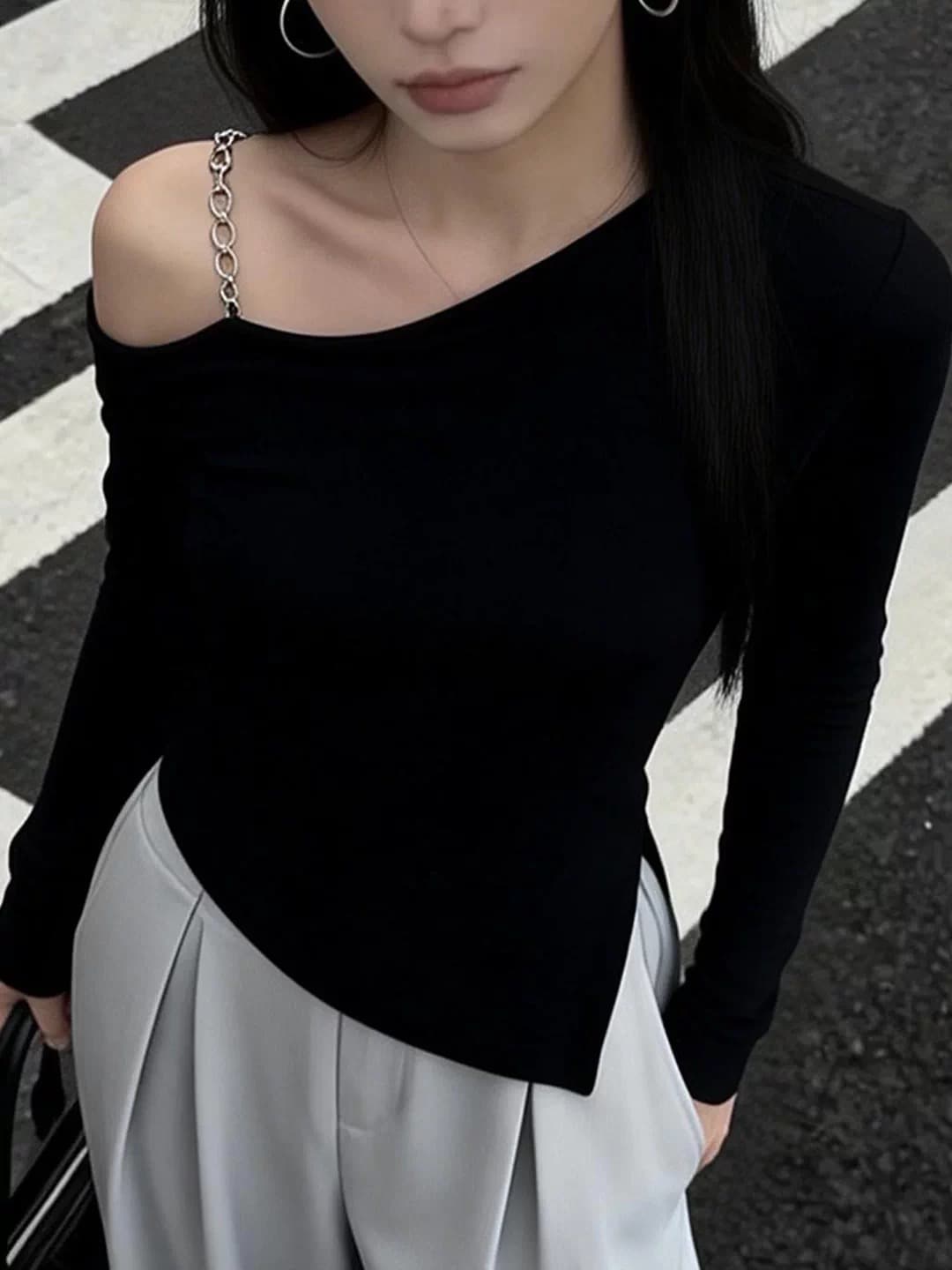 Chic 핫걸 비스듬한 어깨 오프숄더 긴팔 여성 고유 한 체인 몸매 가꾸기 인사이드 가져 가라. 만나는 불규칙 오프숄더 맨위 여성 이미지 4