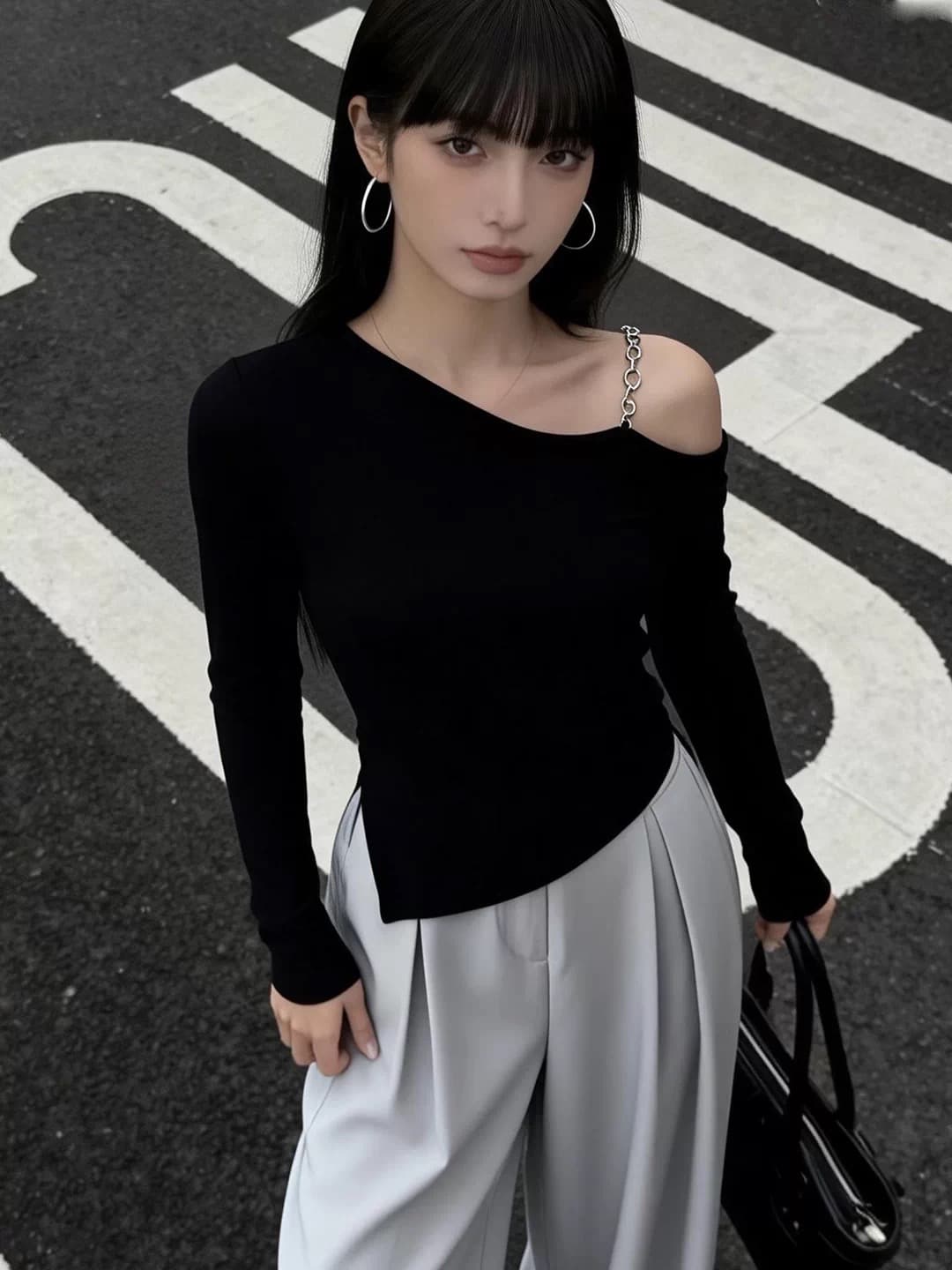Chic 핫걸 비스듬한 어깨 오프숄더 긴팔 여성 고유 한 체인 몸매 가꾸기 인사이드 가져 가라. 만나는 불규칙 오프숄더 맨위 여성 상세 이미지 2