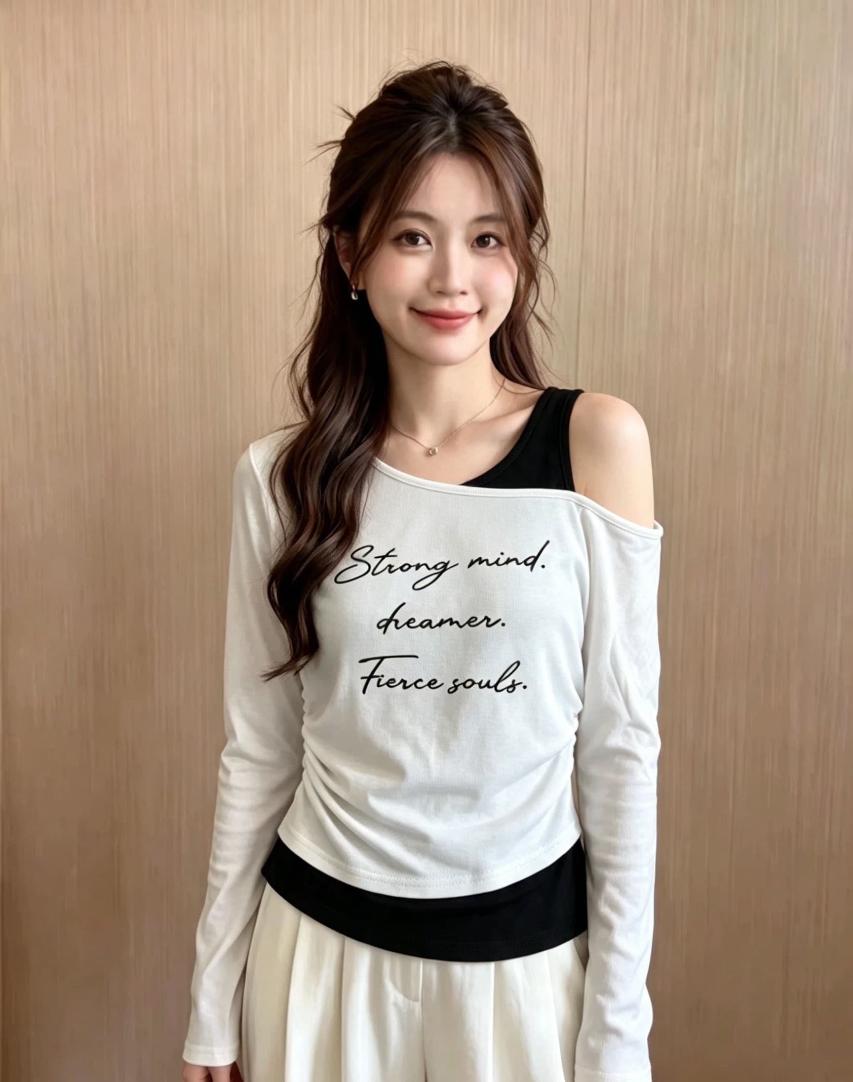페이크 레이어드 비스듬한 어깨 배색 슬립 긴팔 티셔츠 여성 이른 가을 새로운 아메리칸 핫걸 착용 가져 가라. 주름 허리 수축 맨위 이미지 4