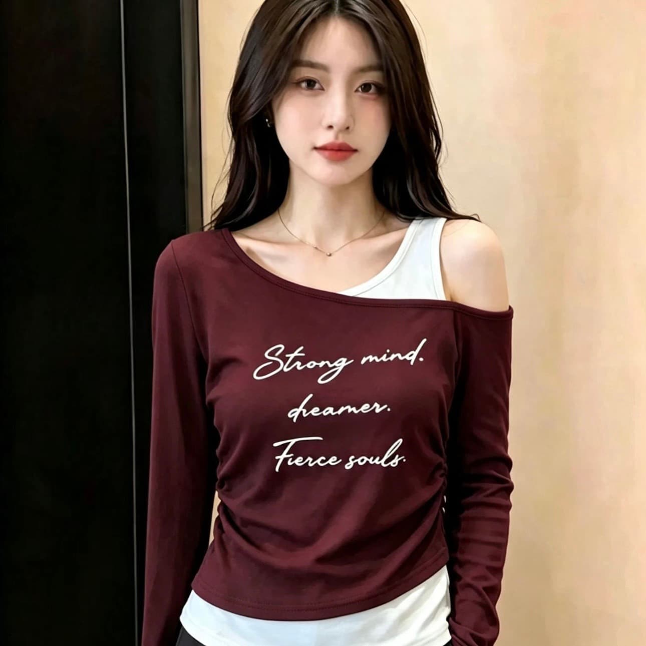 페이크 레이어드 비스듬한 어깨 배색 슬립 긴팔 티셔츠 여성 이른 가을 새로운 아메리칸 핫걸 착용 가져 가라. 주름 허리 수축 맨위 이미지 5