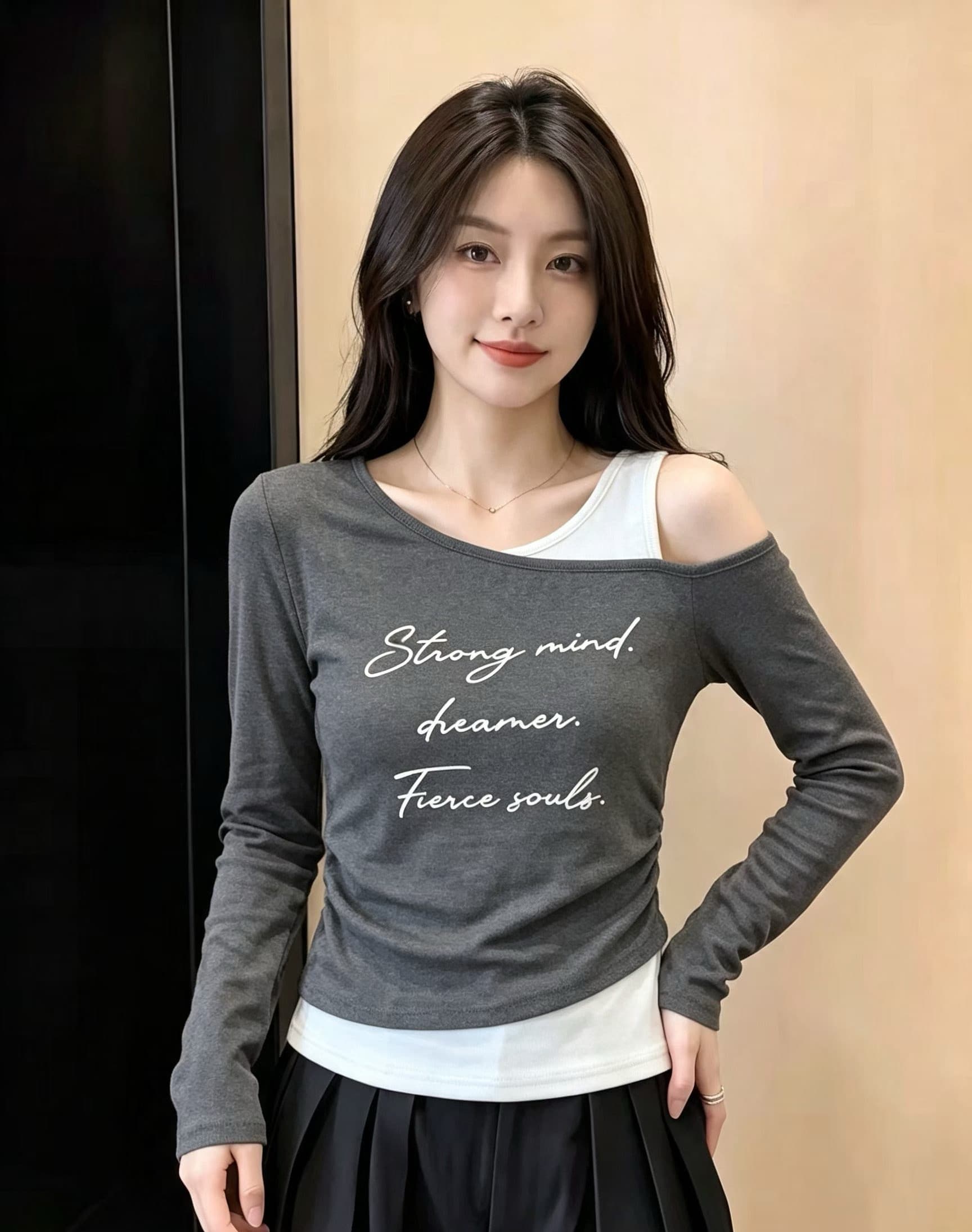 페이크 레이어드 비스듬한 어깨 배색 슬립 긴팔 티셔츠 여성 이른 가을 새로운 아메리칸 핫걸 착용 가져 가라. 주름 허리 수축 맨위 상세 이미지 3
