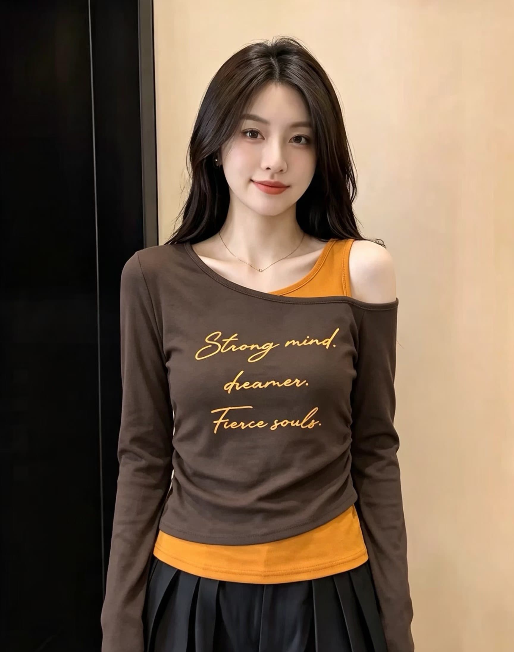 페이크 레이어드 비스듬한 어깨 배색 슬립 긴팔 티셔츠 여성 이른 가을 새로운 아메리칸 핫걸 착용 가져 가라. 주름 허리 수축 맨위 상세 이미지 5