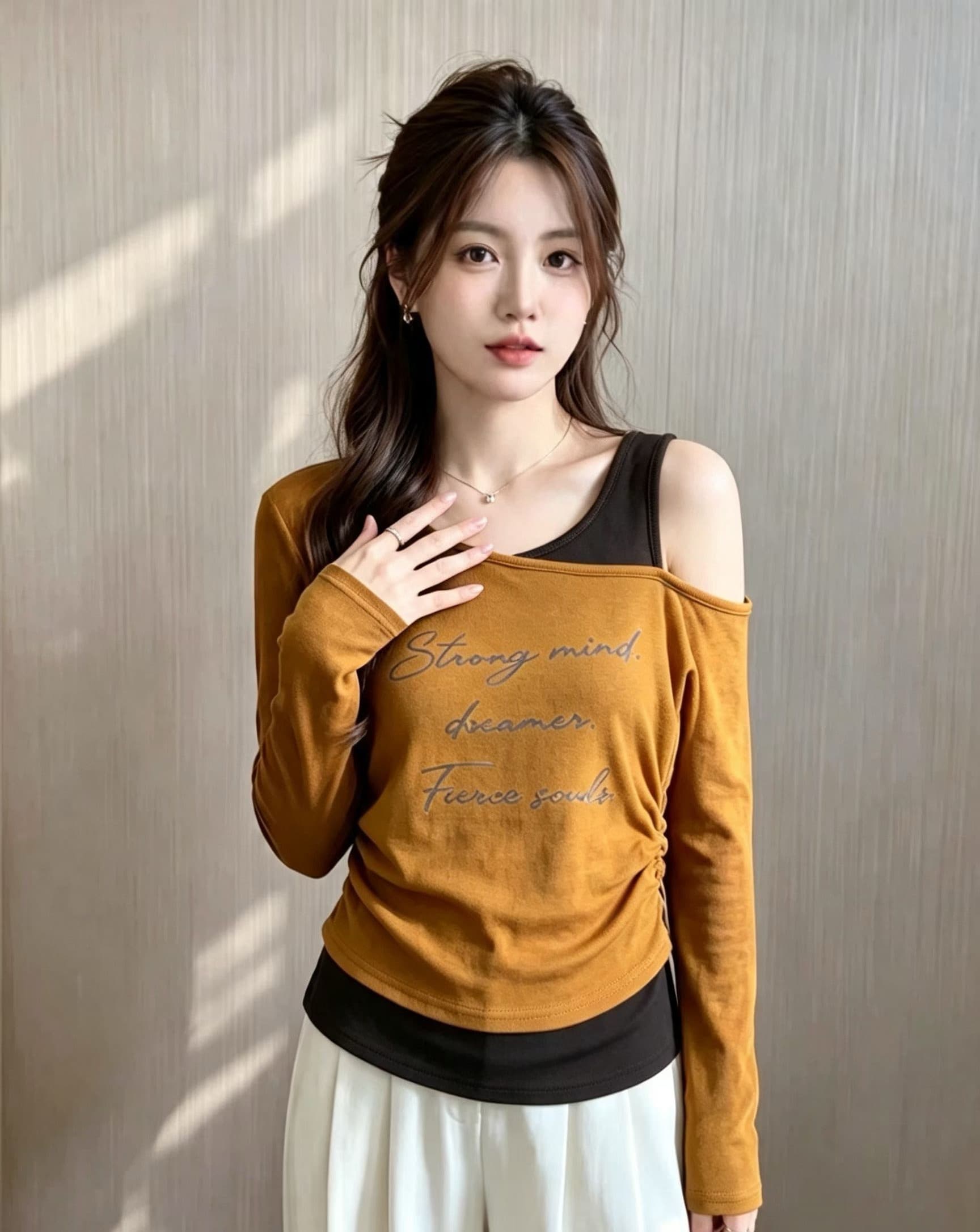 페이크 레이어드 비스듬한 어깨 배색 슬립 긴팔 티셔츠 여성 이른 가을 새로운 아메리칸 핫걸 착용 가져 가라. 주름 허리 수축 맨위 상세 이미지 6
