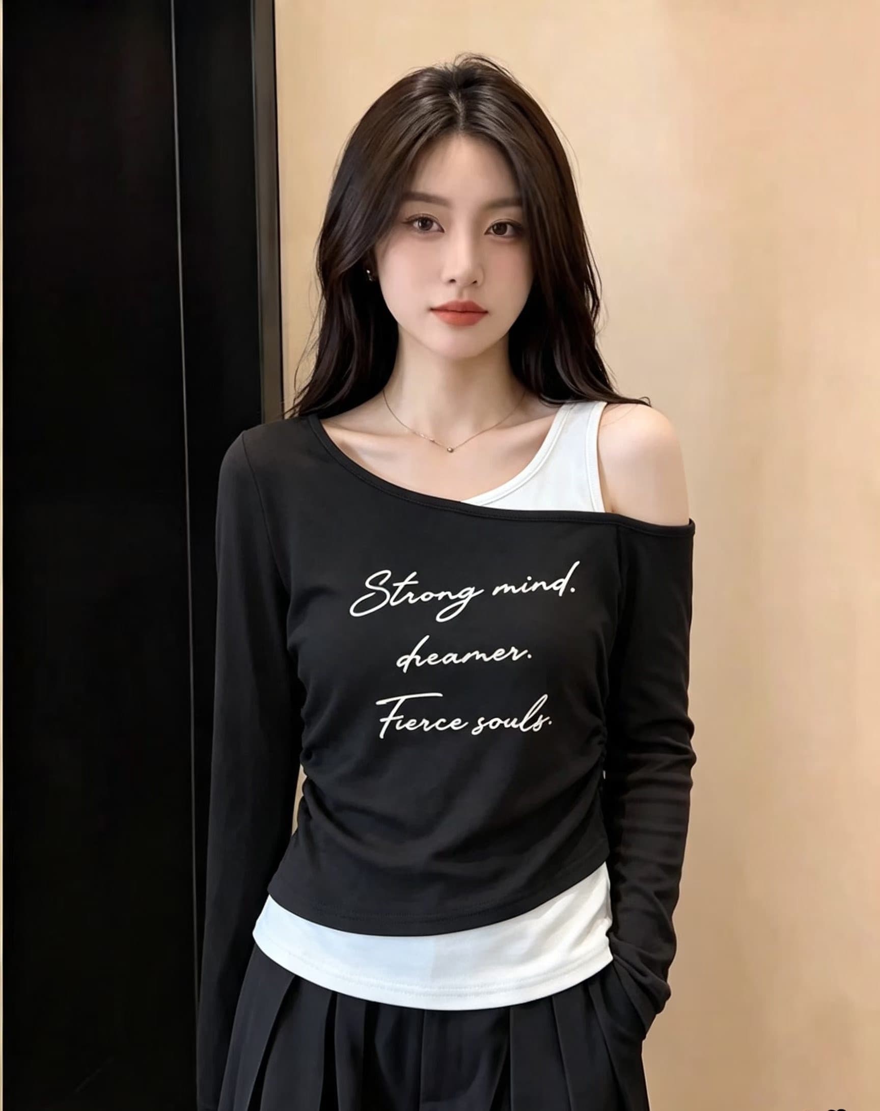 페이크 레이어드 비스듬한 어깨 배색 슬립 긴팔 티셔츠 여성 이른 가을 새로운 아메리칸 핫걸 착용 가져 가라. 주름 허리 수축 맨위 상세 이미지 7