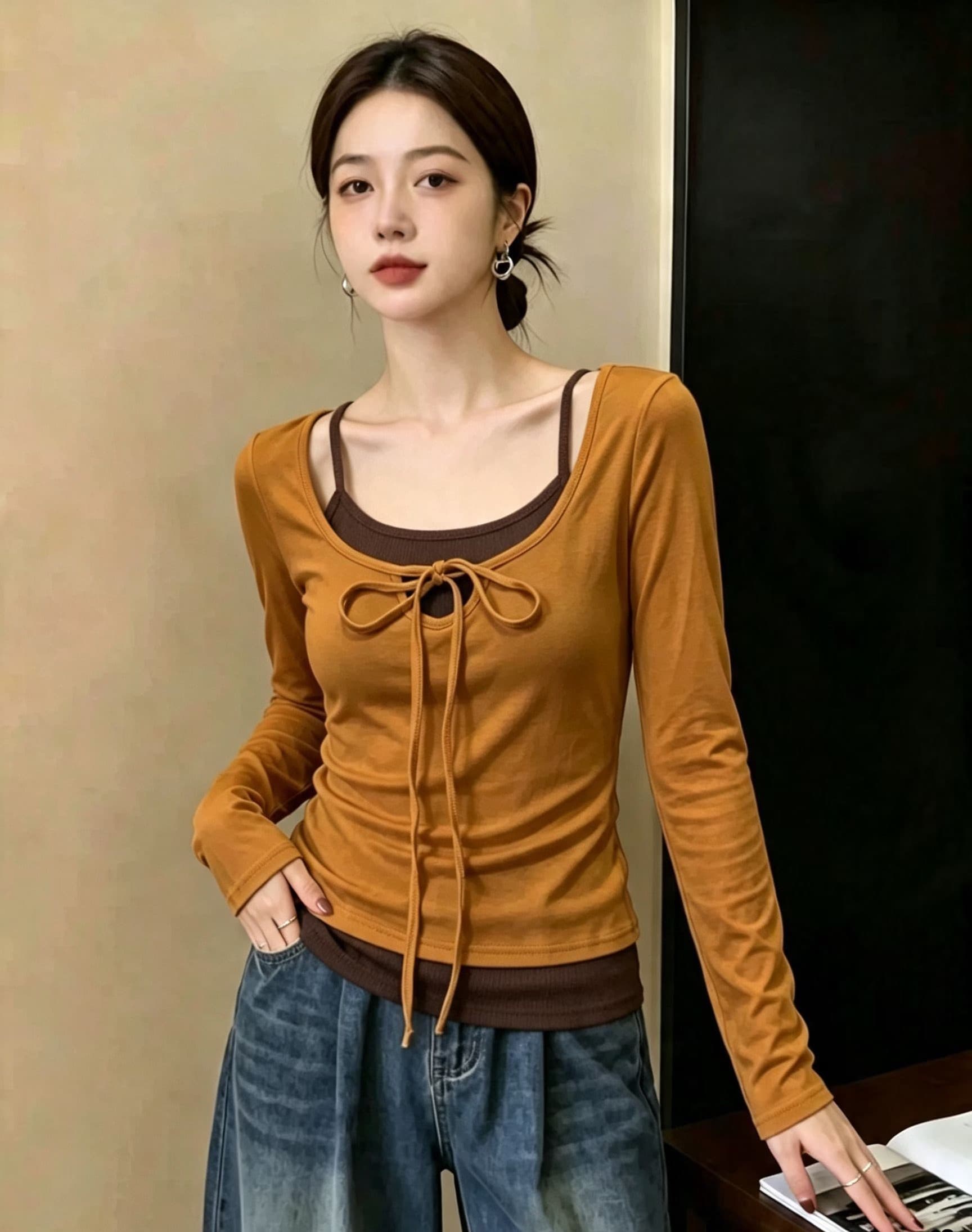 행침 목 레이스업 검정색 페이크 레이어드 긴팔 티셔츠 여성 봄 2026 새로운 몸매 가꾸기 슬림해 보이는 재즈 춤추기 맨위 이미지 4