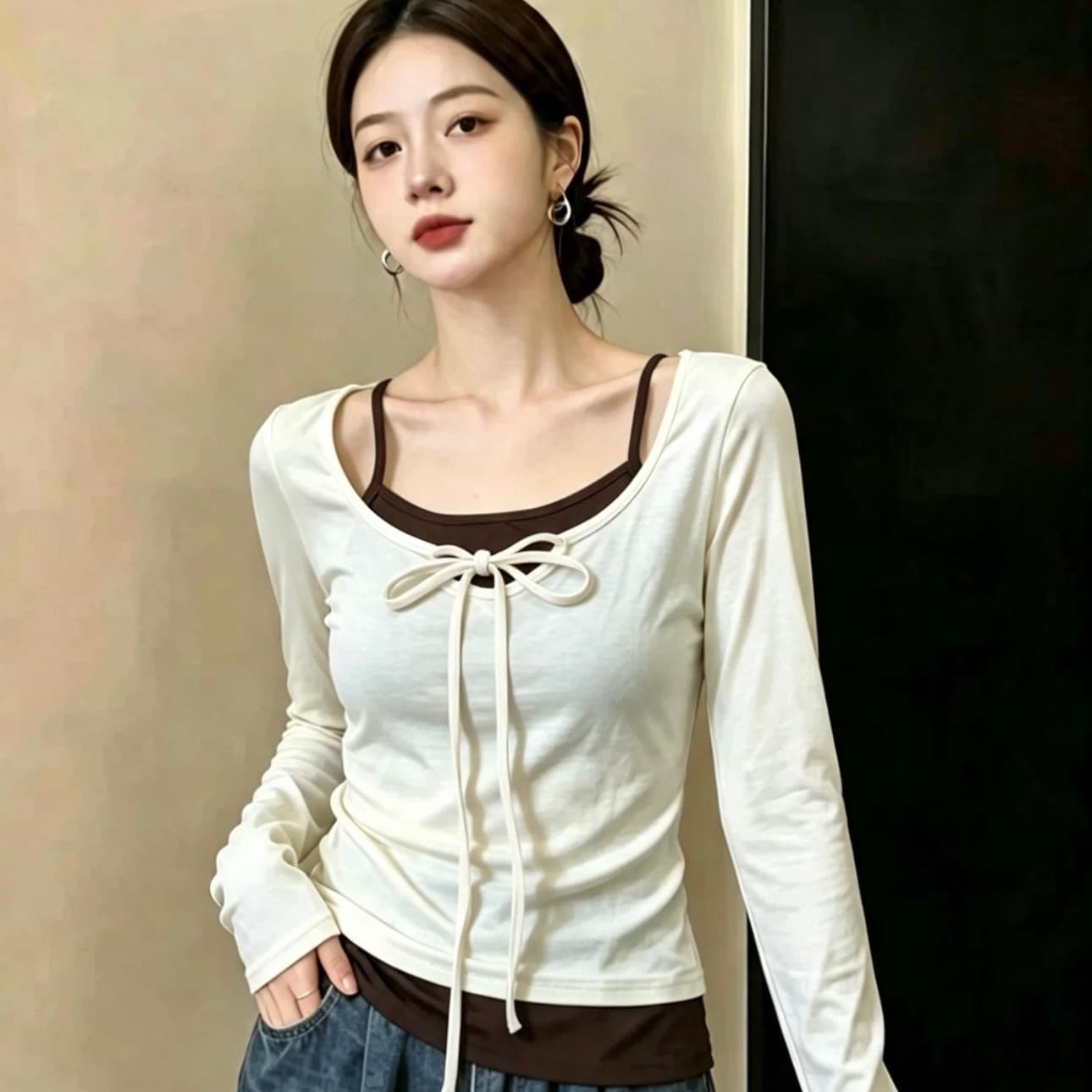 행침 목 레이스업 검정색 페이크 레이어드 긴팔 티셔츠 여성 봄 2026 새로운 몸매 가꾸기 슬림해 보이는 재즈 춤추기 맨위 이미지 5