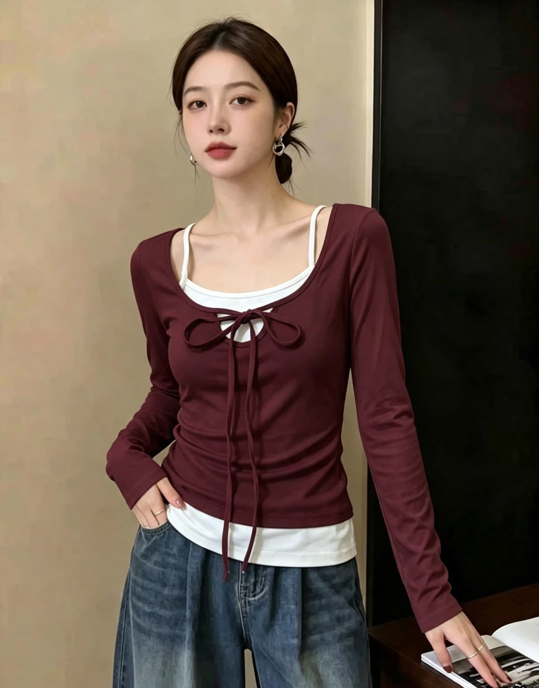 행침 목 레이스업 검정색 페이크 레이어드 긴팔 티셔츠 여성 봄 2026 새로운 몸매 가꾸기 슬림해 보이는 재즈 춤추기 맨위 상세 이미지 2