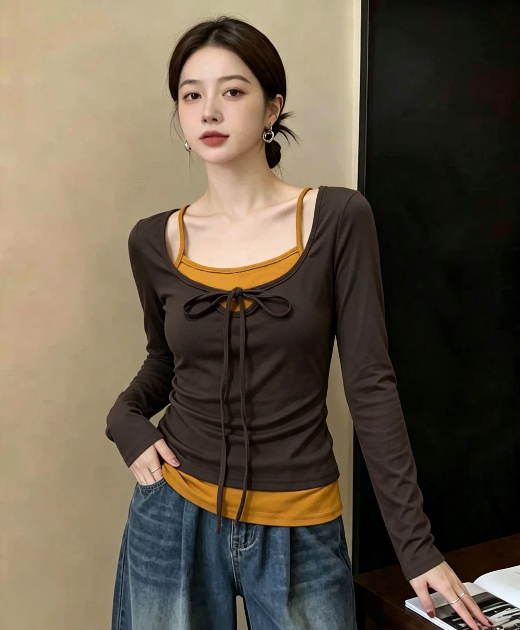 행침 목 레이스업 검정색 페이크 레이어드 긴팔 티셔츠 여성 봄 2026 새로운 몸매 가꾸기 슬림해 보이는 재즈 춤추기 맨위 상세 이미지 4