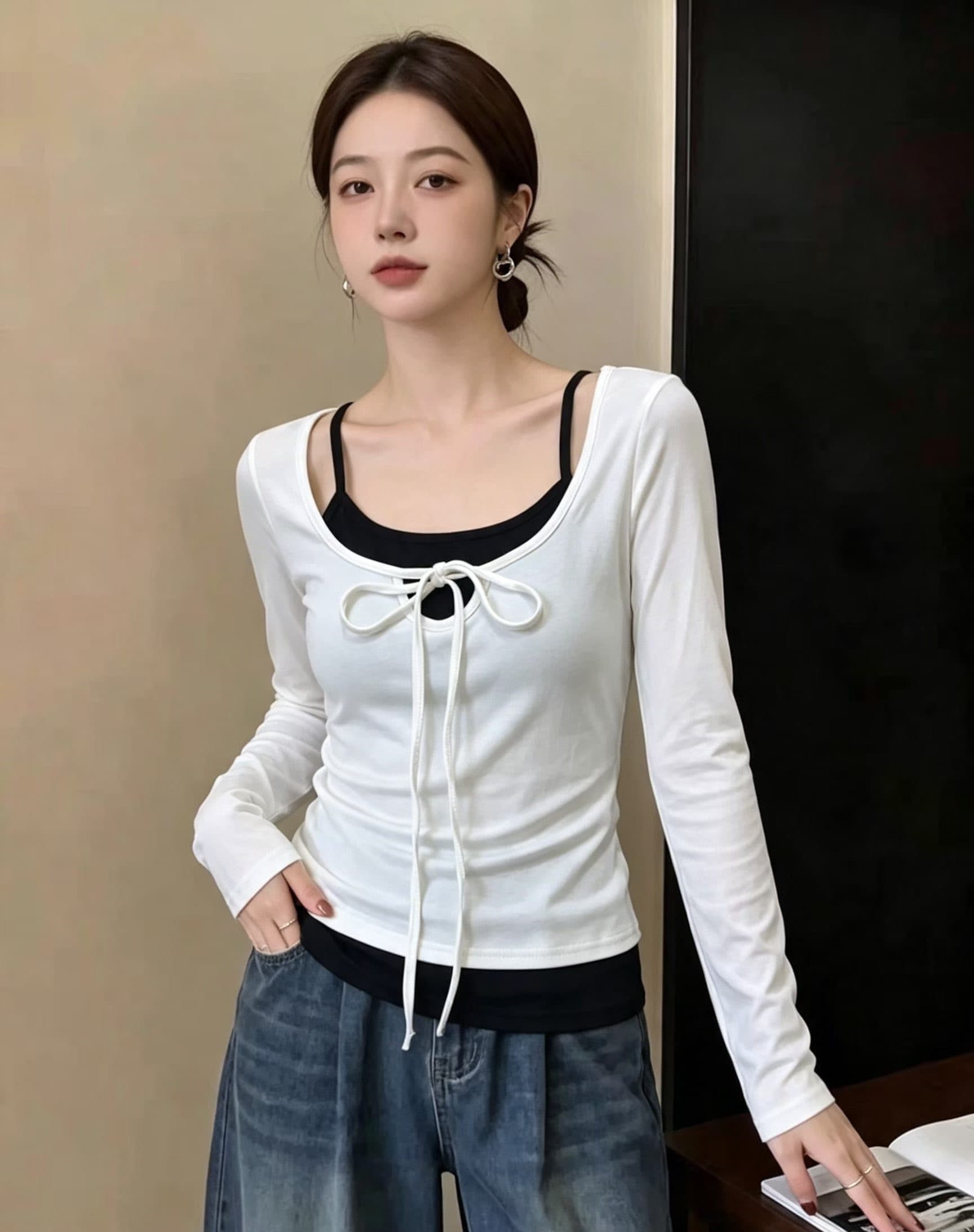 행침 목 레이스업 검정색 페이크 레이어드 긴팔 티셔츠 여성 봄 2026 새로운 몸매 가꾸기 슬림해 보이는 재즈 춤추기 맨위 상세 이미지 8