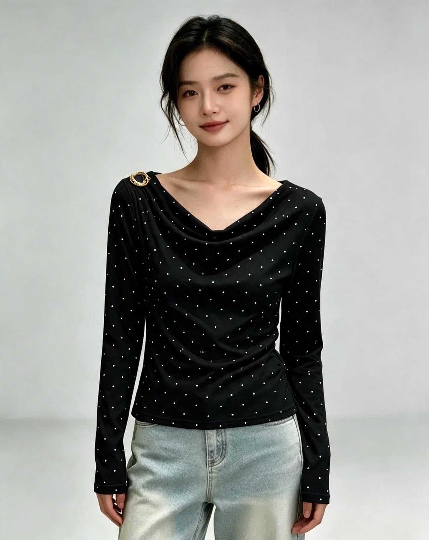 2026 올해 인기 폭발 티셔츠 여성 의류 옷 디자인 센스 한 부서 chic 작은 맨위 도트 무늬 티셔츠 이미지 2