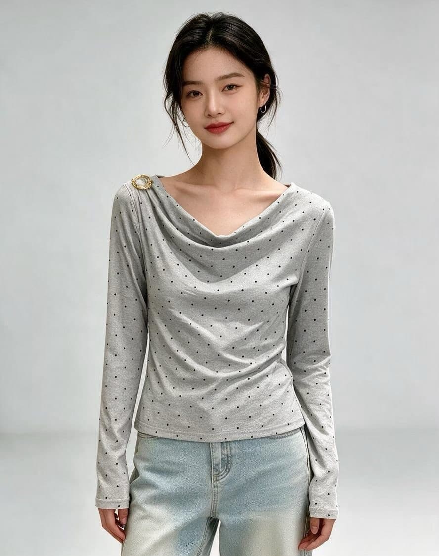 2026 올해 인기 폭발 티셔츠 여성 의류 옷 디자인 센스 한 부서 chic 작은 맨위 도트 무늬 티셔츠 상세 이미지 2