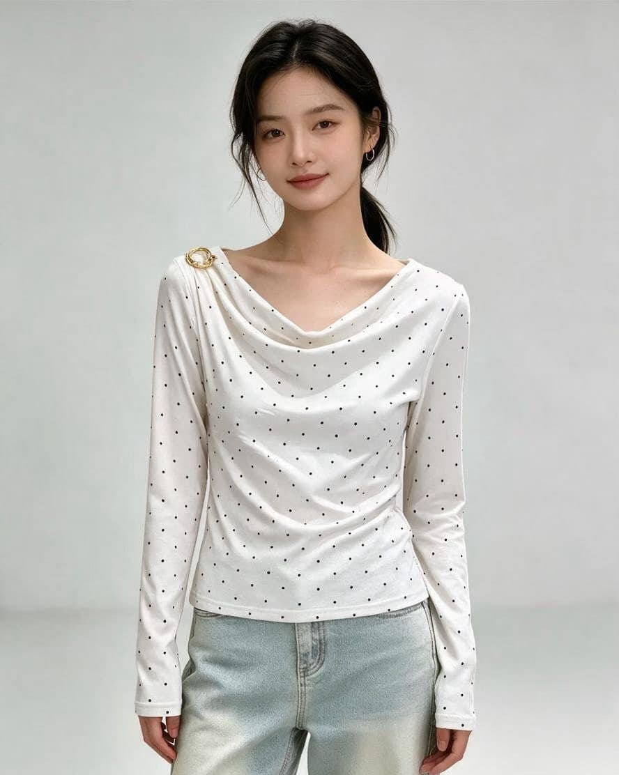 2026 올해 인기 폭발 티셔츠 여성 의류 옷 디자인 센스 한 부서 chic 작은 맨위 도트 무늬 티셔츠 상세 이미지 5