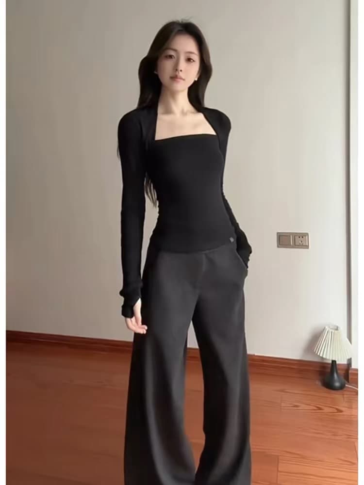 아메리칸 핫걸 광장 칼라 인사이드 가져 가라. 긴팔 티셔츠 맨위 여성 봄 드레스 검정색 쇼트 스타일 타이트 허리 수축 슬림해 보이는 기본 셔츠