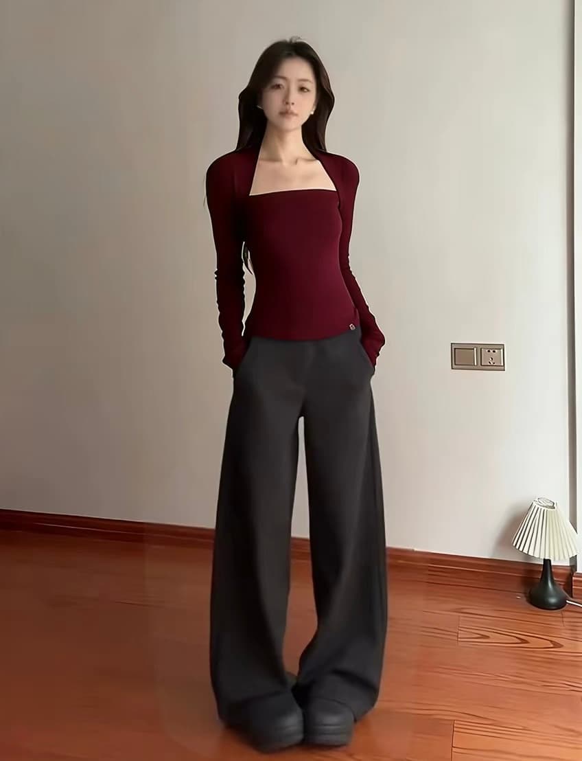 아메리칸 핫걸 광장 칼라 인사이드 가져 가라. 긴팔 티셔츠 맨위 여성 봄 드레스 검정색 쇼트 스타일 타이트 허리 수축 슬림해 보이는 기본 셔츠 이미지 2