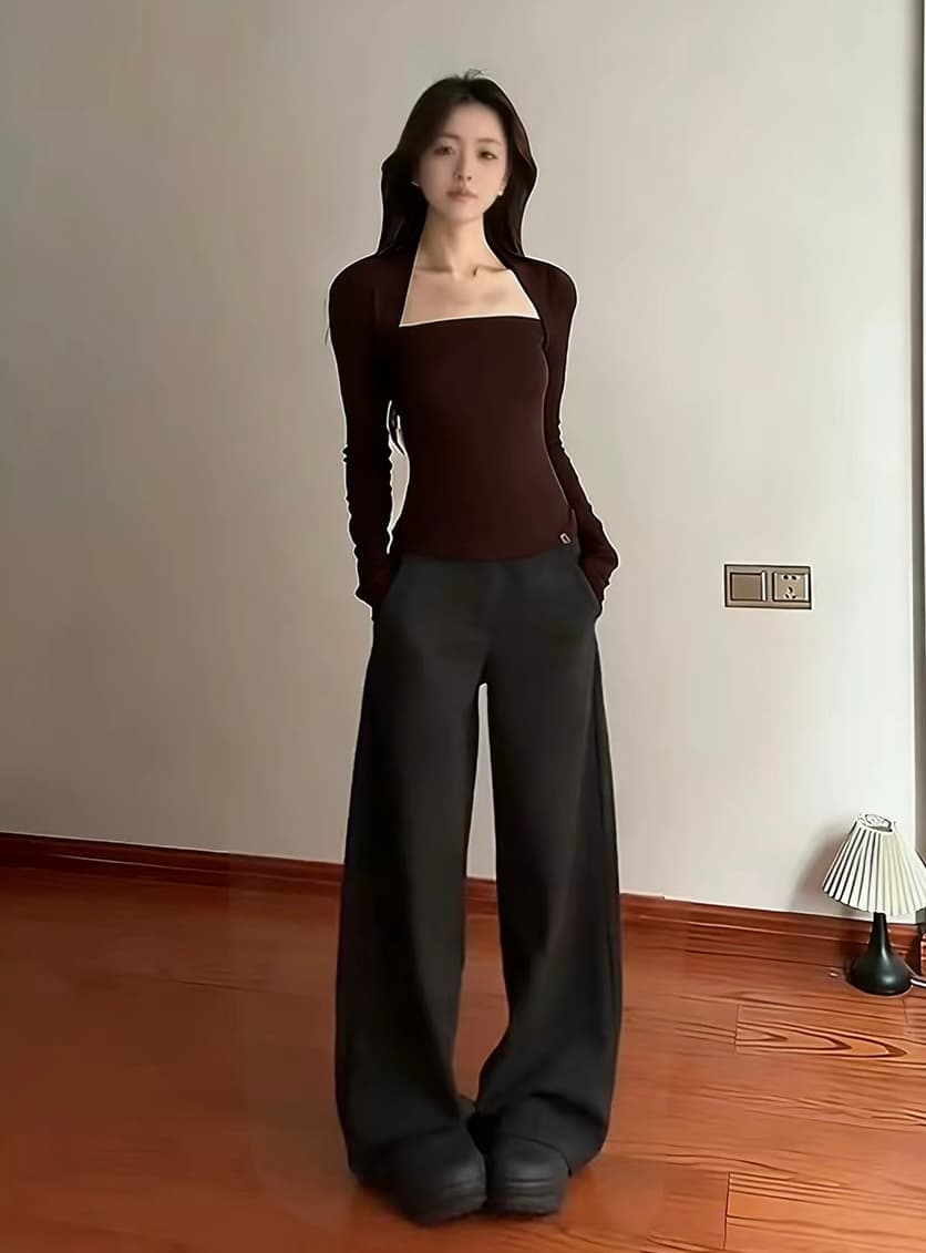 아메리칸 핫걸 광장 칼라 인사이드 가져 가라. 긴팔 티셔츠 맨위 여성 봄 드레스 검정색 쇼트 스타일 타이트 허리 수축 슬림해 보이는 기본 셔츠 상세 이미지 1