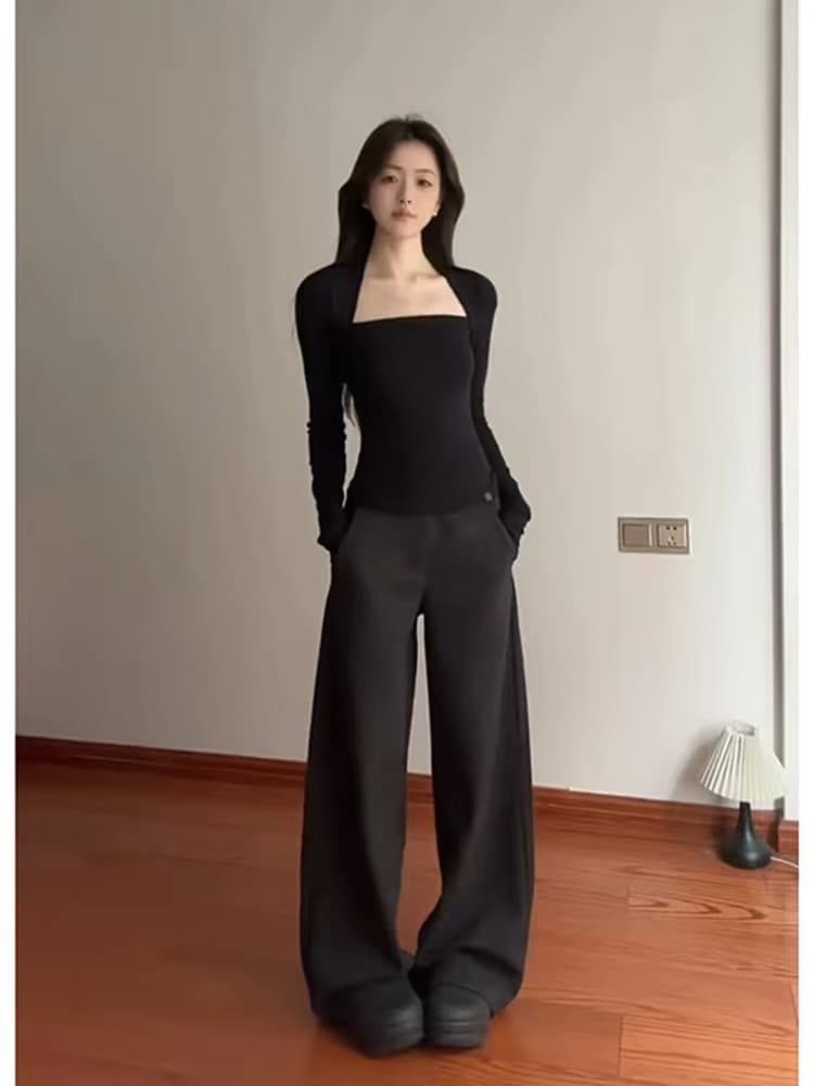 아메리칸 핫걸 광장 칼라 인사이드 가져 가라. 긴팔 티셔츠 맨위 여성 봄 드레스 검정색 쇼트 스타일 타이트 허리 수축 슬림해 보이는 기본 셔츠 상세 이미지 4