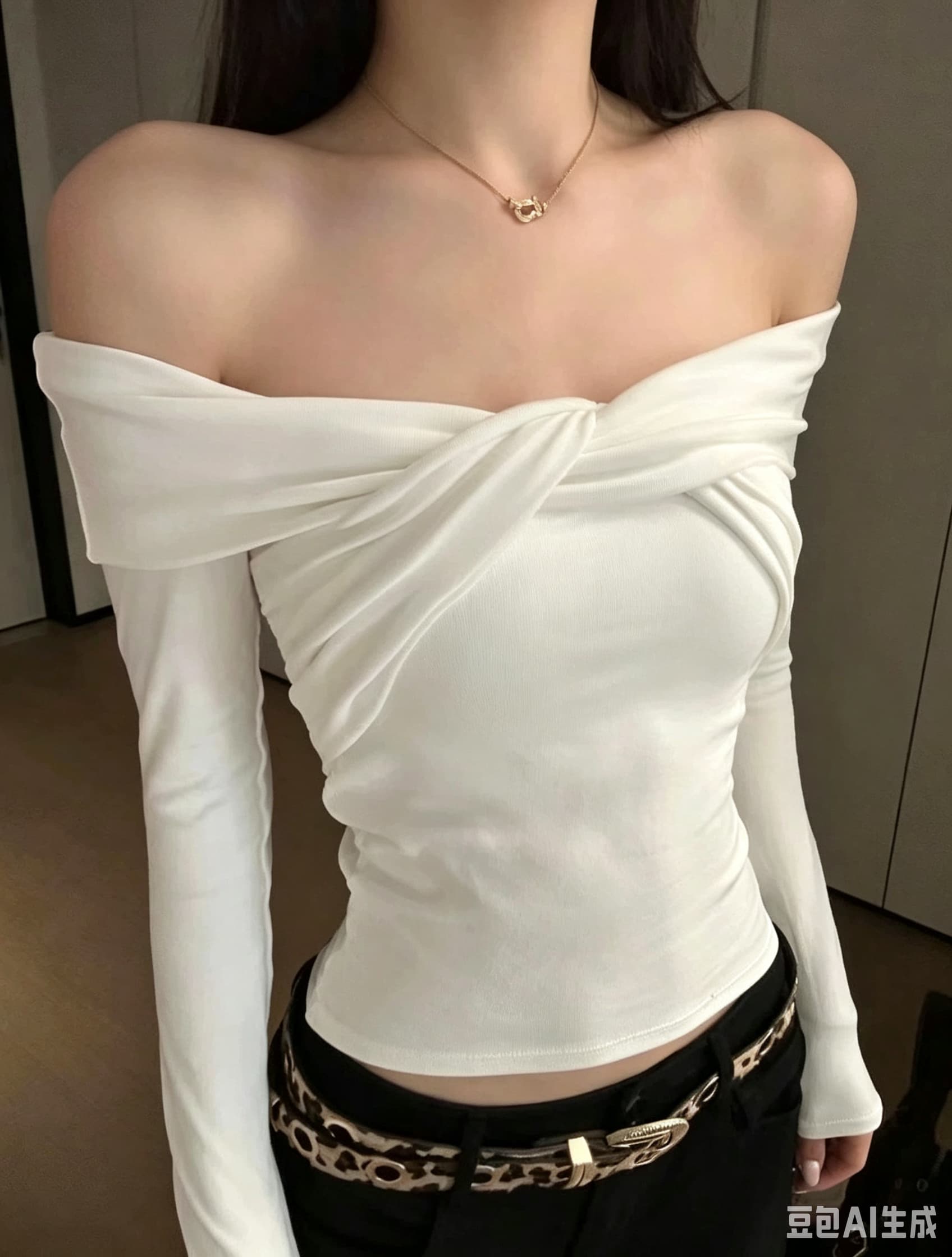 희미한 아름다움 센스 착용 가져 가라. 비틀림 오프숄더 긴팔 티셔츠 여성 이른 가을 몸매 가꾸기 쇼트 스타일 하이웨이스트 달콤한 매운맛 맨위 이미지 3